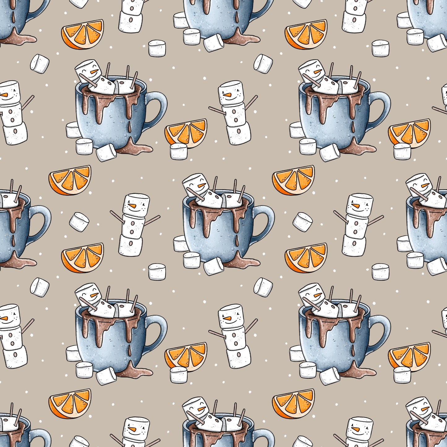 Verspieltes Wintermotiv mit Marshmallow-Figuren in heißer Schokolade – liebevolles Katzengold-Design.