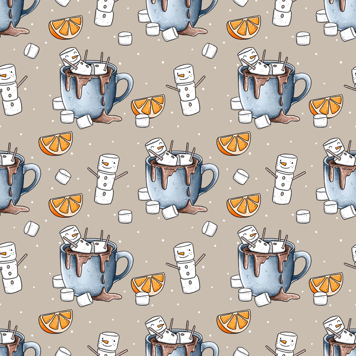 Verspieltes Wintermotiv mit Marshmallow-Figuren in heißer Schokolade – liebevolles Katzengold-Design.