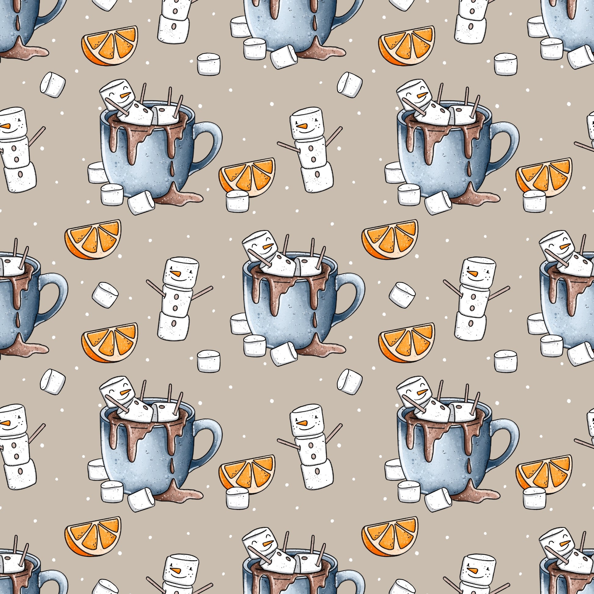 Verspieltes Wintermotiv mit Marshmallow-Figuren in heißer Schokolade – liebevolles Katzengold-Design.
