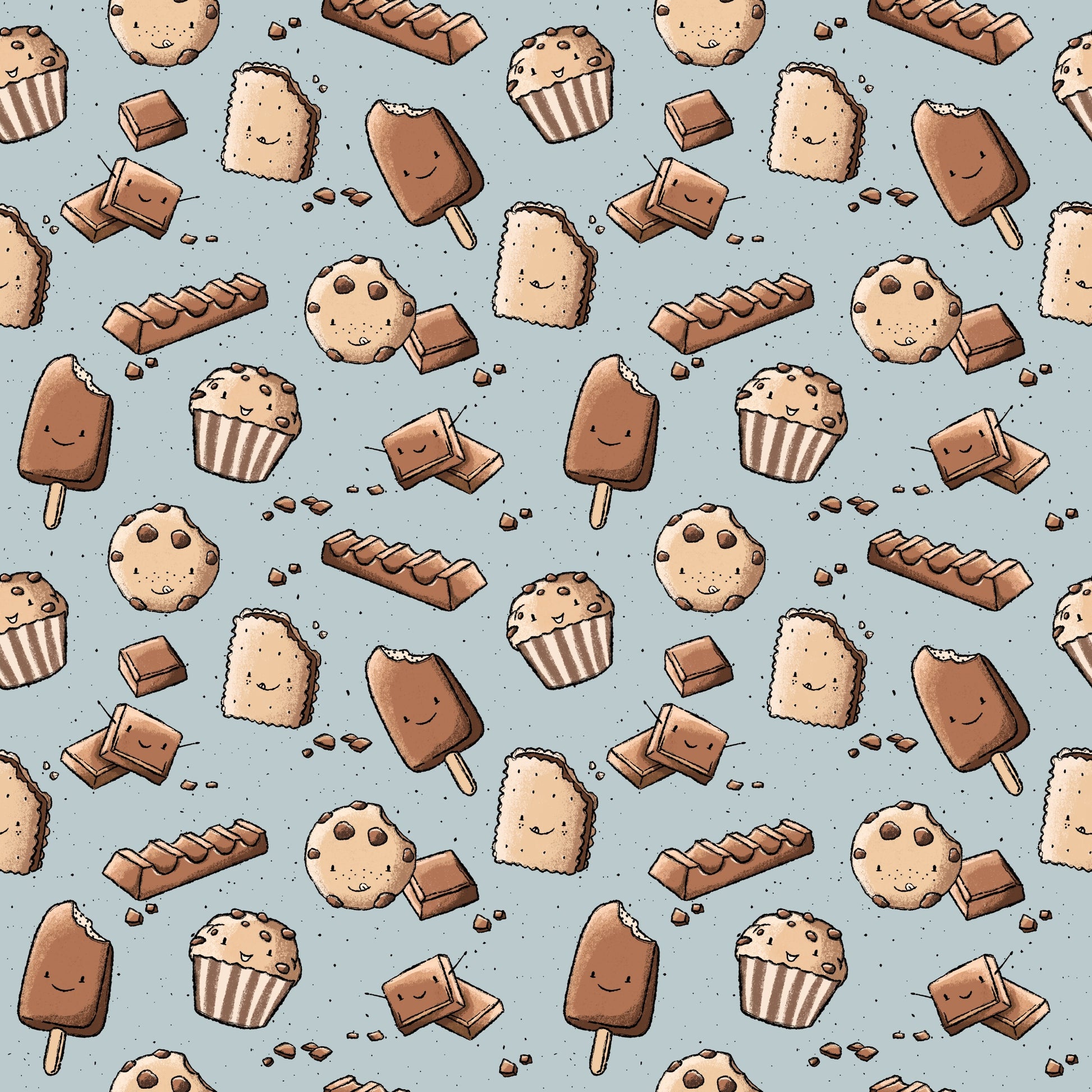 Nahtlos wiederholendes Muster „Schoki“ – süße Dessert-Motive mit Schokolade, Keksen, Muffins und Eis in warmen Braun- und Beigetönen