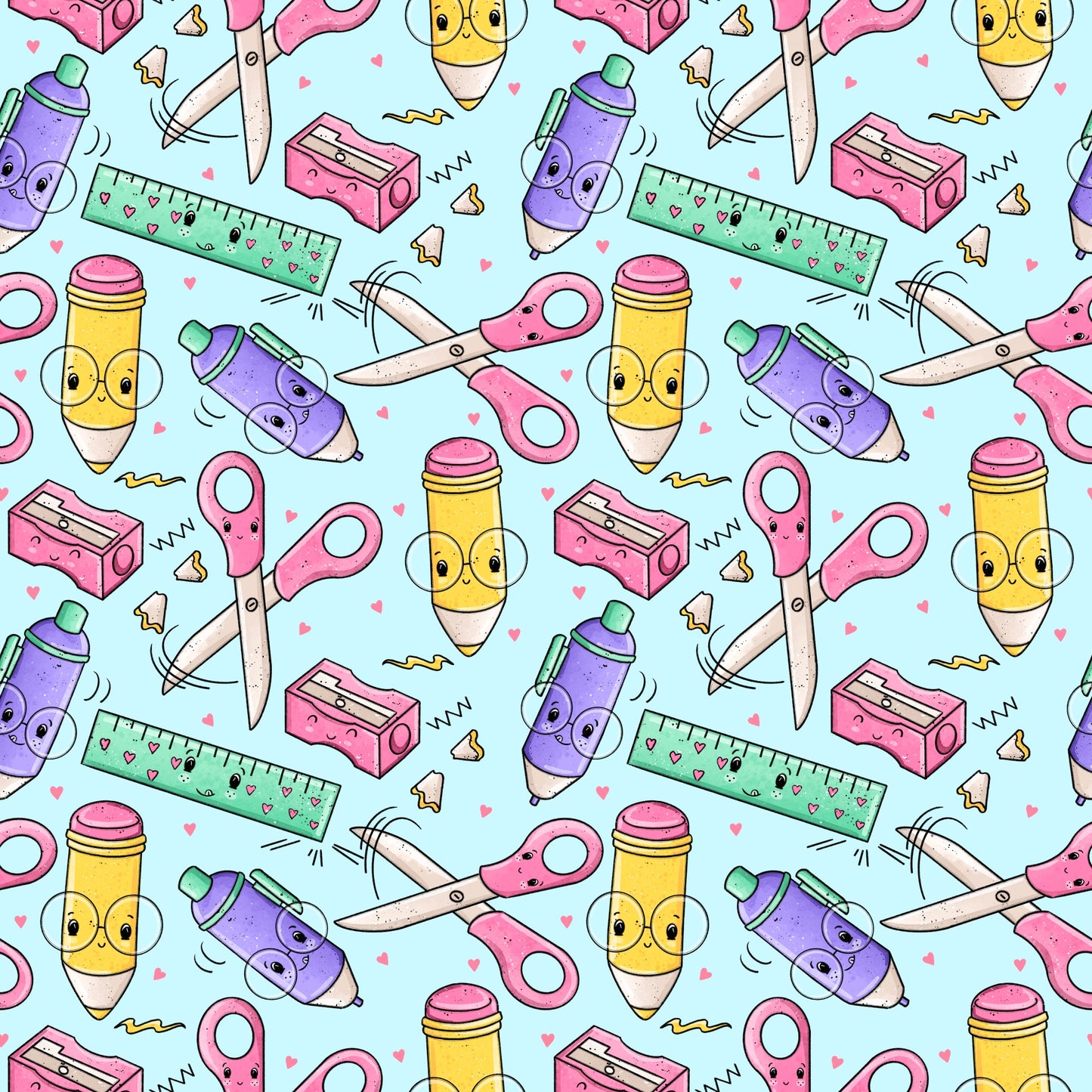 Allover-Stoffdesign „Schreibzeug – Bunt“ mit bunten Schreib- und Bastelmotiven wie Scheren, Stiften und Spitzern auf türkisfarbenem Hintergrund.