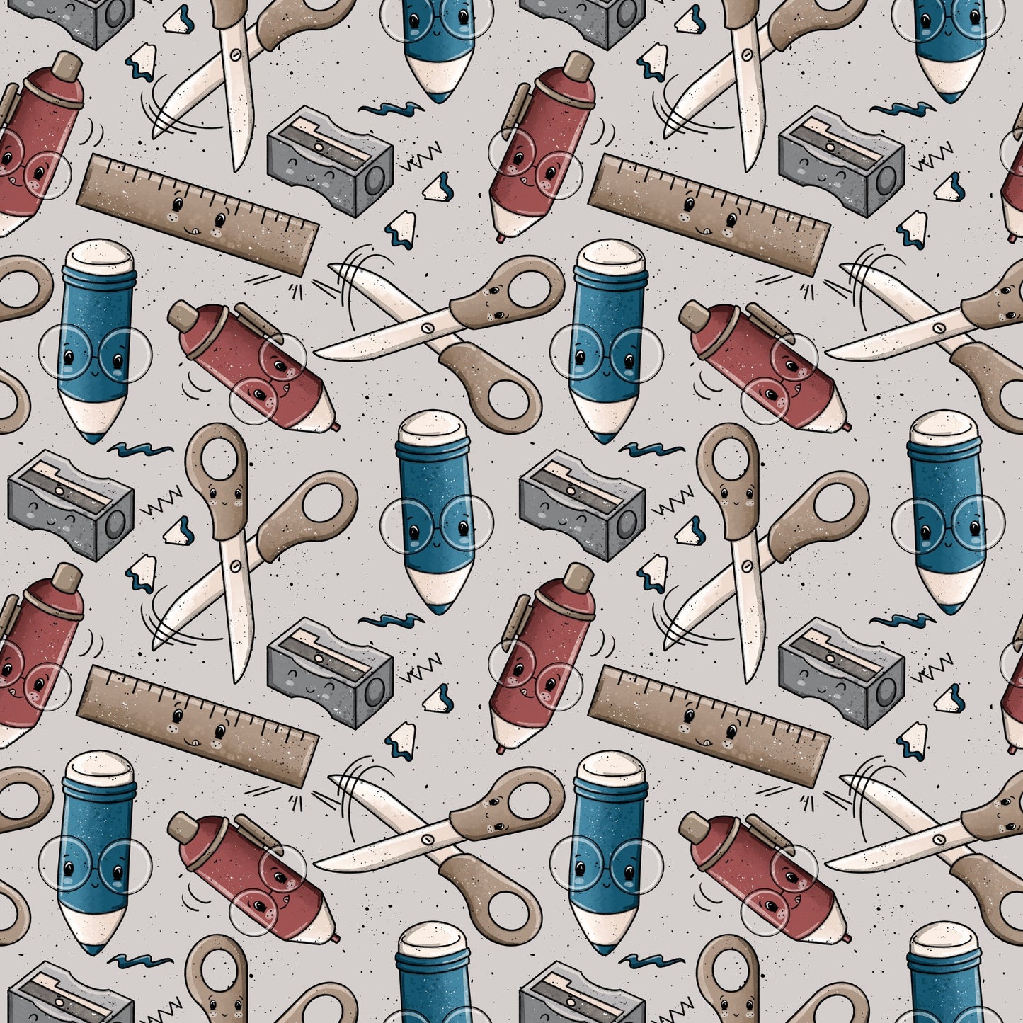 Detailansicht der Stoffmeterware „Schreibzeug – Grau“ mit regelmäßig angeordneten Schul- und Bastelmotiven wie Stiften, Scheren, Spitzern und Linealen auf grauem Hintergrund. Das Design wirkt ruhig, modern und kindgerecht. Design von Katzengold-Designs.