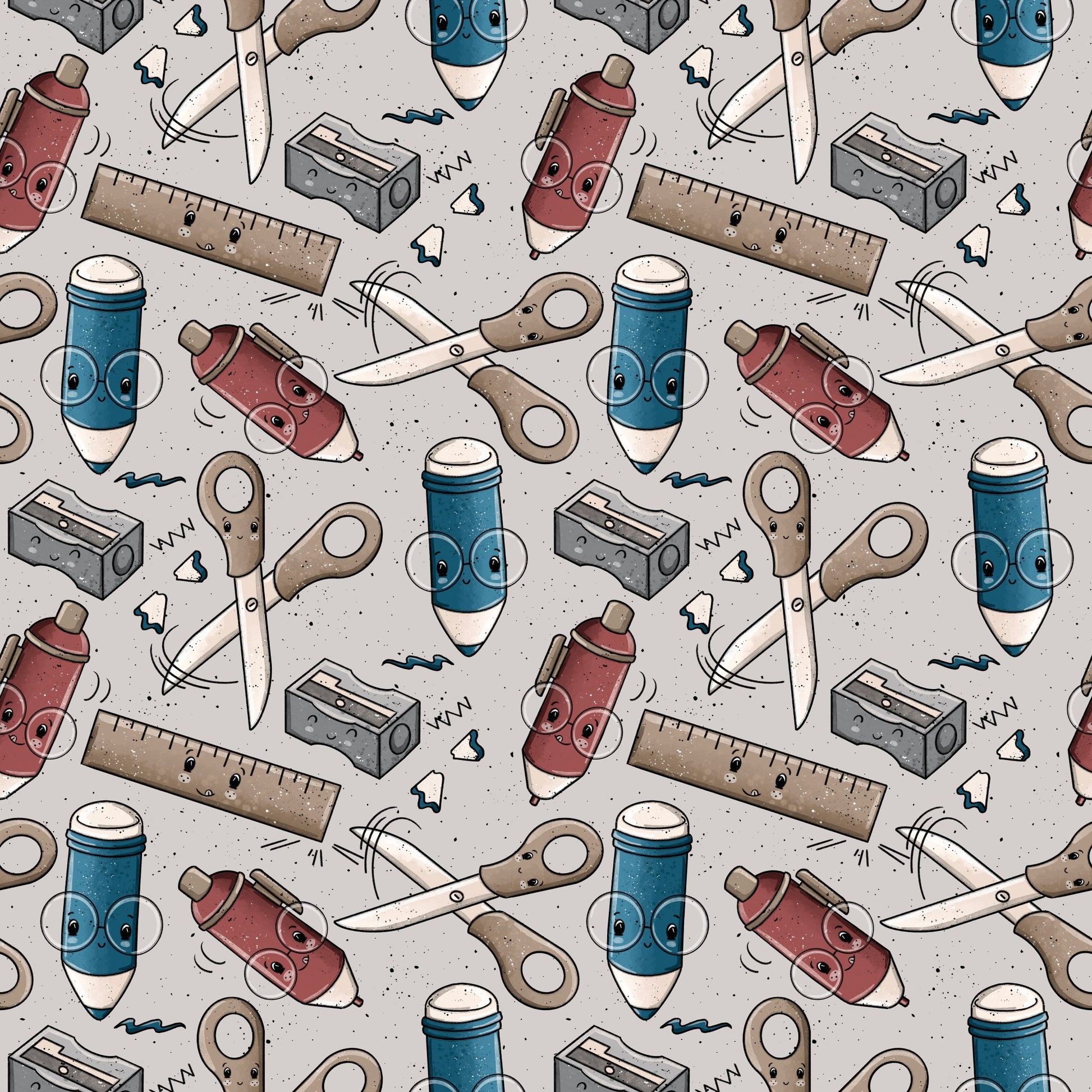 Detailansicht der Stoffmeterware „Schreibzeug – Grau“ mit regelmäßig angeordneten Schul- und Bastelmotiven wie Stiften, Scheren, Spitzern und Linealen auf grauem Hintergrund. Das Design wirkt ruhig, modern und kindgerecht. Design von Katzengold-Designs.