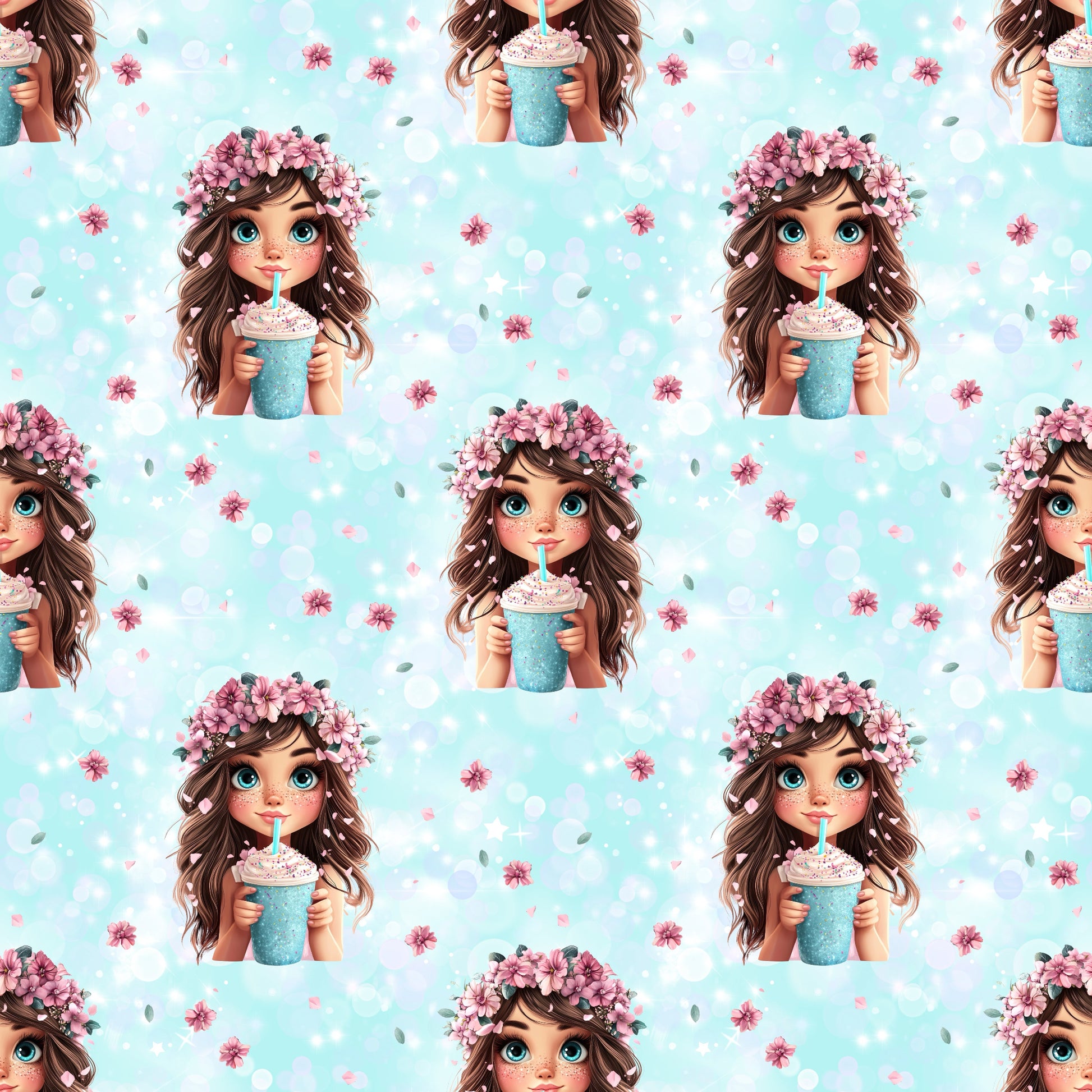 Nahtloses Muster „Smoothie Girl“ auf Ripp-Jersey – pastellige, florale Details für Baby- & Kinderkleidung