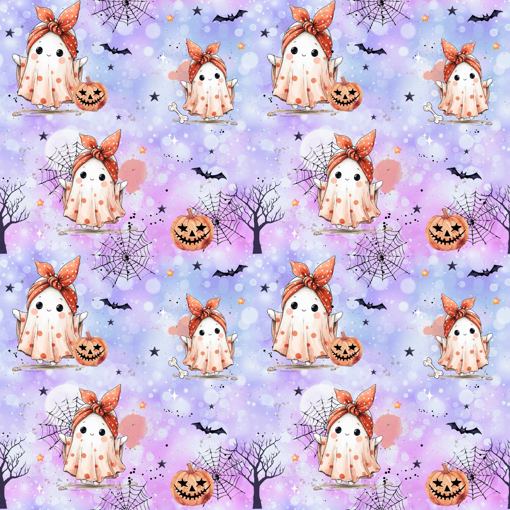Bunter Stoff „Spukiboo“ – verspieltes Halloweenmotiv mit niedlichem Geist und Deko-Elementen für kreative Nähprojekte.