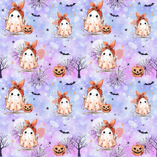 Bunter Stoff „Spukiboo“ – verspieltes Halloweenmotiv mit niedlichem Geist und Deko-Elementen für kreative Nähprojekte.