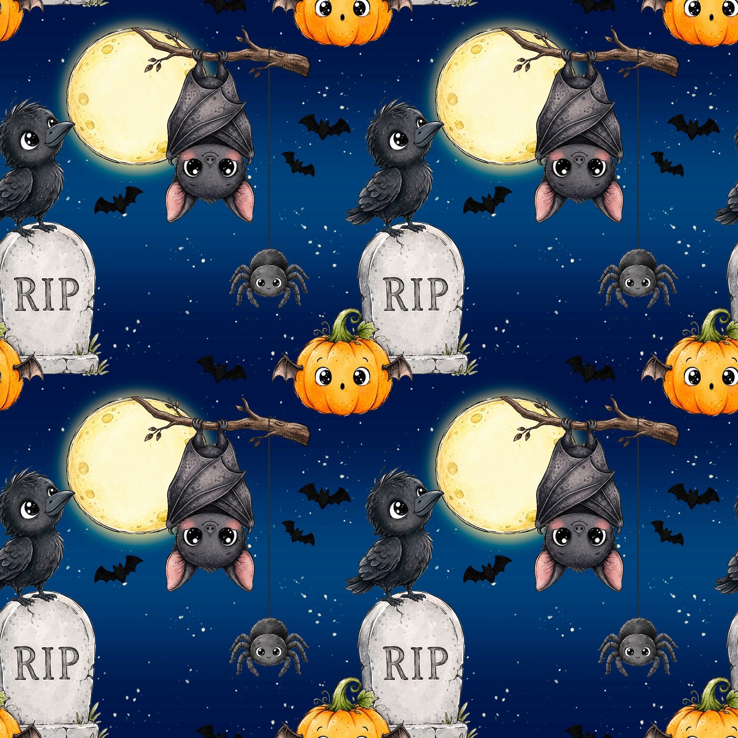 Spuknacht Halloween Stoffdesign mit Fledermäusen, Kürbis, Rabe, Spinne, Grabsteinen und leuchtendem Mond auf dunkelblauem Hintergrund