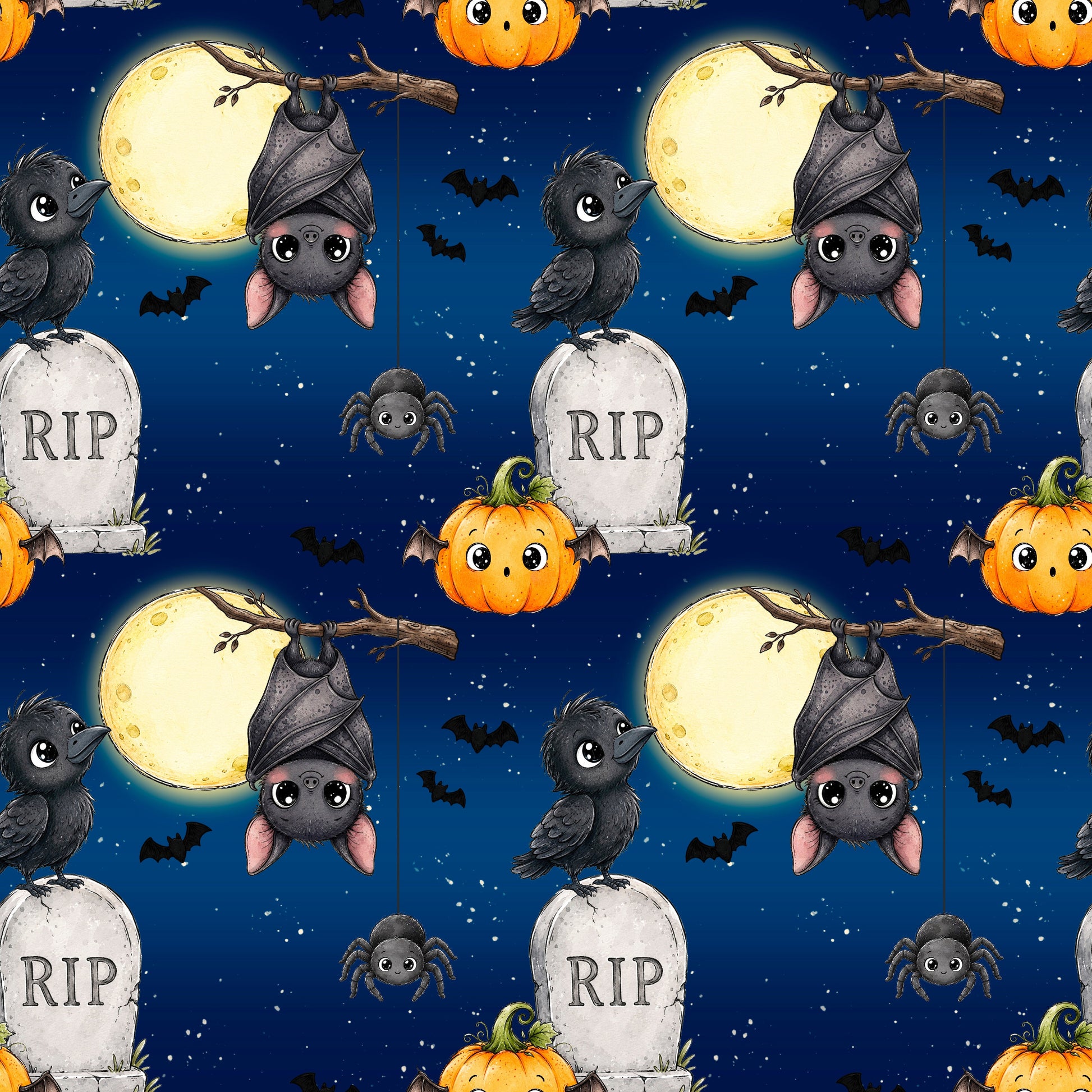 Spuknacht Halloween Stoffdesign mit Fledermäusen, Kürbis, Rabe, Spinne, Grabsteinen und leuchtendem Mond auf dunkelblauem Hintergrund