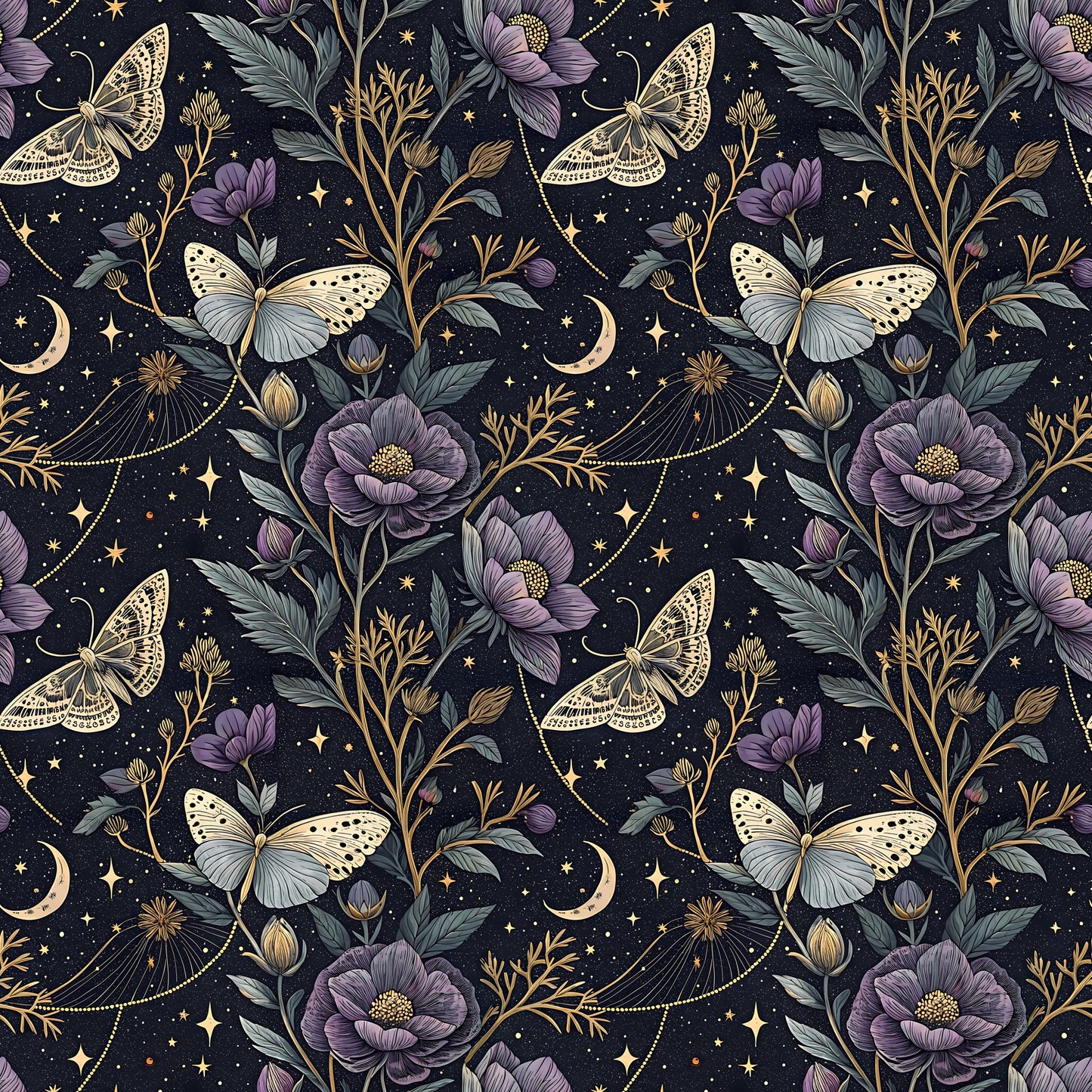 Sternenblüte Stoffdesign mit Nachtfaltern, Schmetterlingen, violetten Blüten, goldenen Sternen und Mondsicheln auf dunkelblauem Hintergrund