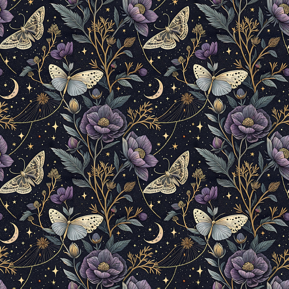 Sternenblüte Stoffdesign mit Nachtfaltern, Schmetterlingen, violetten Blüten, goldenen Sternen und Mondsicheln auf dunkelblauem Hintergrund