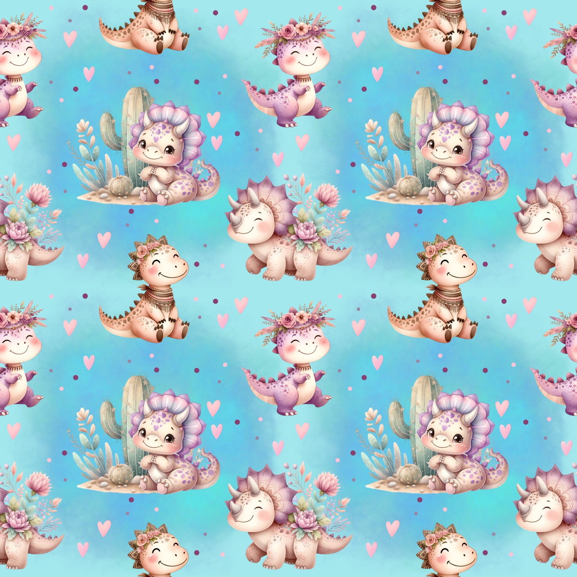 Stoffkachel des Designs „Süße Dinos“ mit fröhlichen Dinosauriern, Herzchen und floralen Details auf mintblauem Hintergrund.
