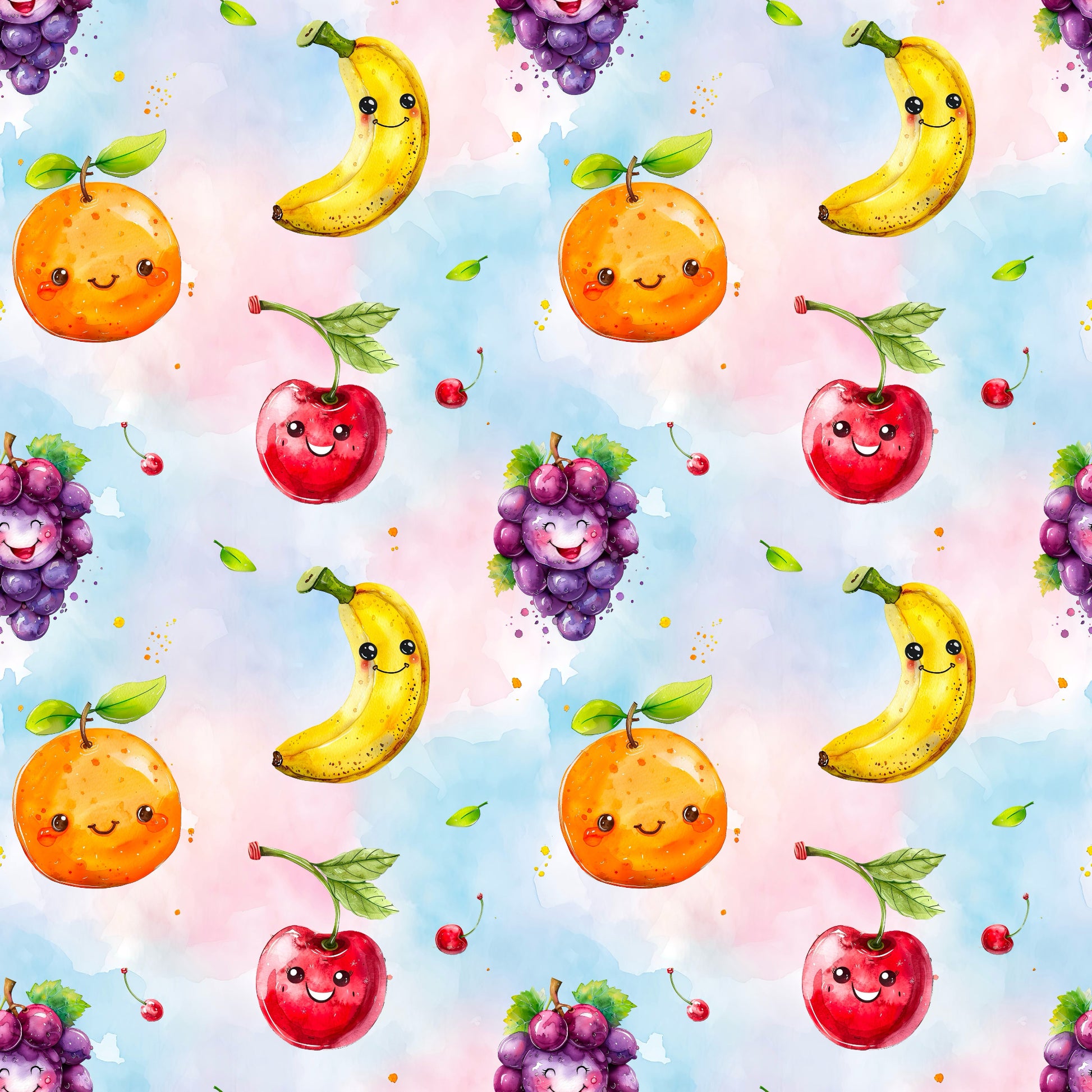 Detailansicht des fröhlichen Fruchtstoffs „Süße Früchte“ mit bunten Obstmotiven und Pastellverlauf, ideal für Baby- und Kinderkleidung.