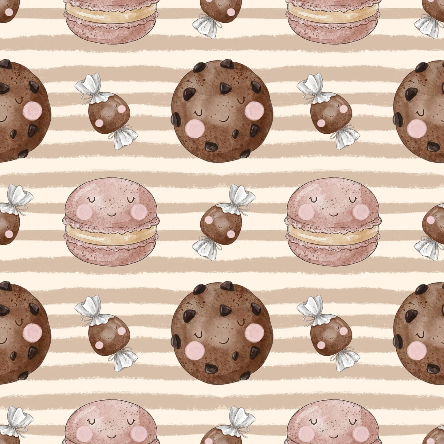 Süße Versuchung Stoffdesign mit niedlichen Keksen, Macarons und Bonbons auf beige gestreiftem Hintergrund