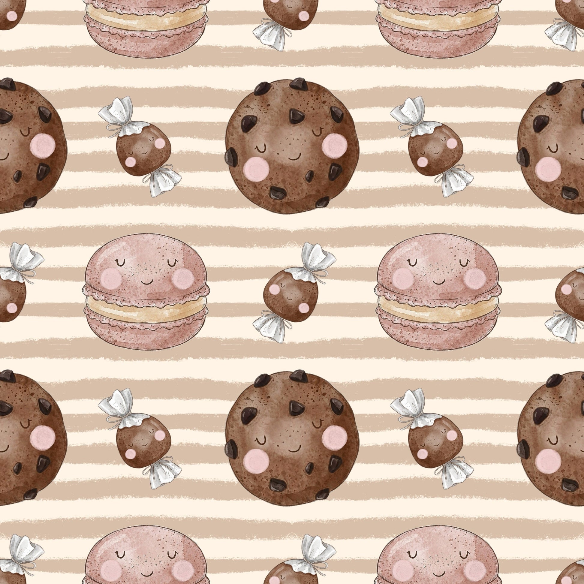 Süße Versuchung Stoffdesign mit niedlichen Keksen, Macarons und Bonbons auf beige gestreiftem Hintergrund