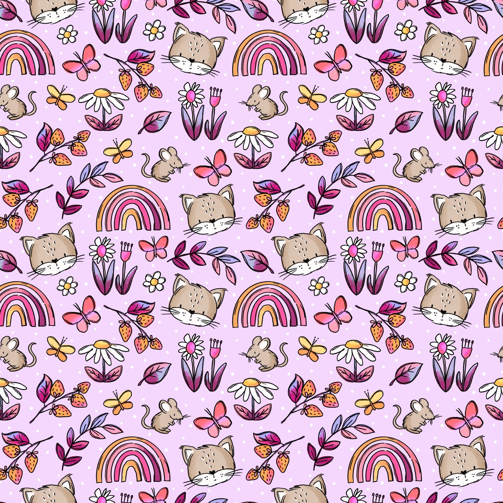 Nahtloses Stoffdesign mit Regenbögen, Blumen, kleinen Mäusen und Tierköpfen auf zart lilafarbenem Hintergrund, verspielt und sommerlich gestaltet.