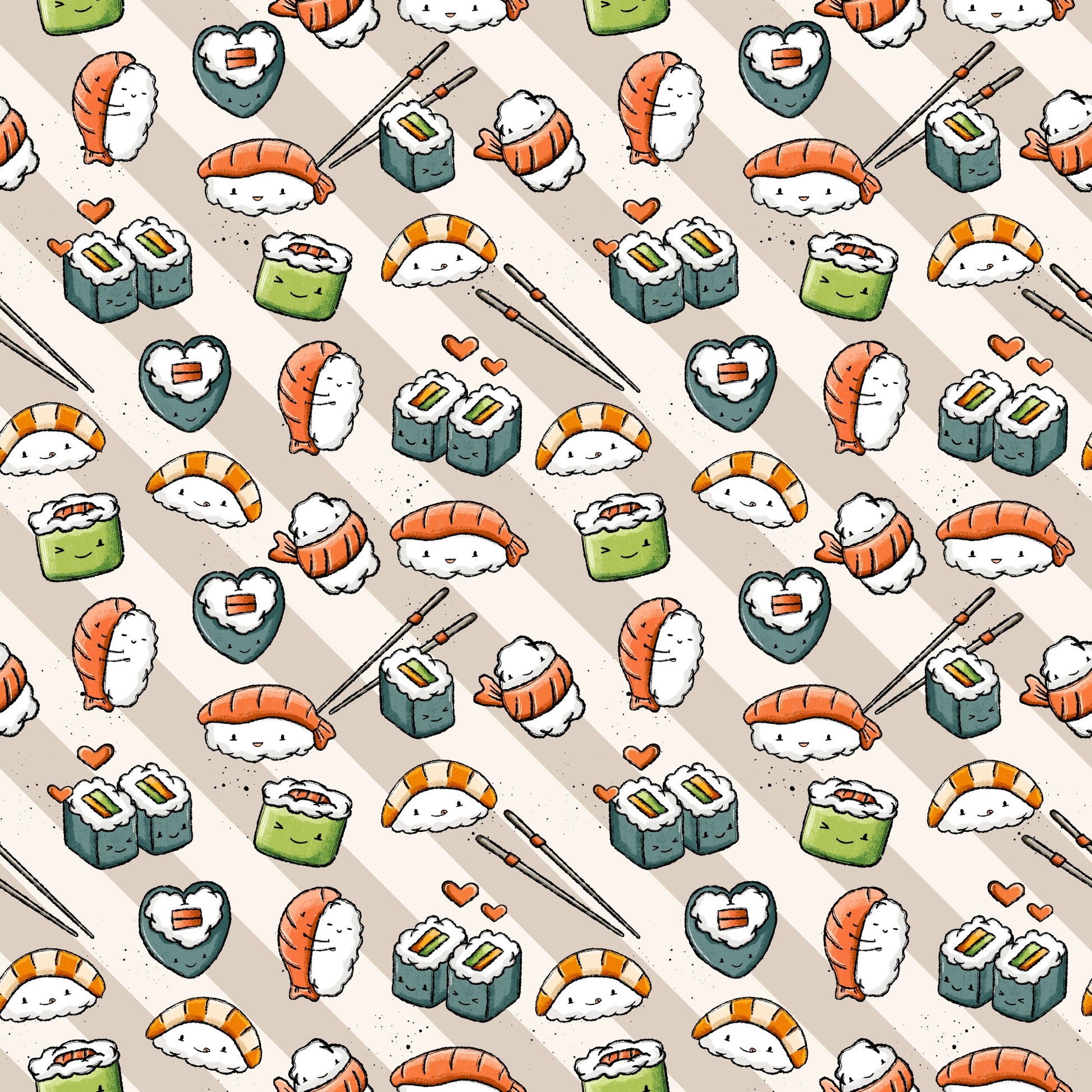 Wiederholendes Muster „Sushilein“ – süße Sushi-Charaktere, Lachs-Nigiri, Maki-Rollen und Herz-Details in Orange-, Grün- und Beigetönen
