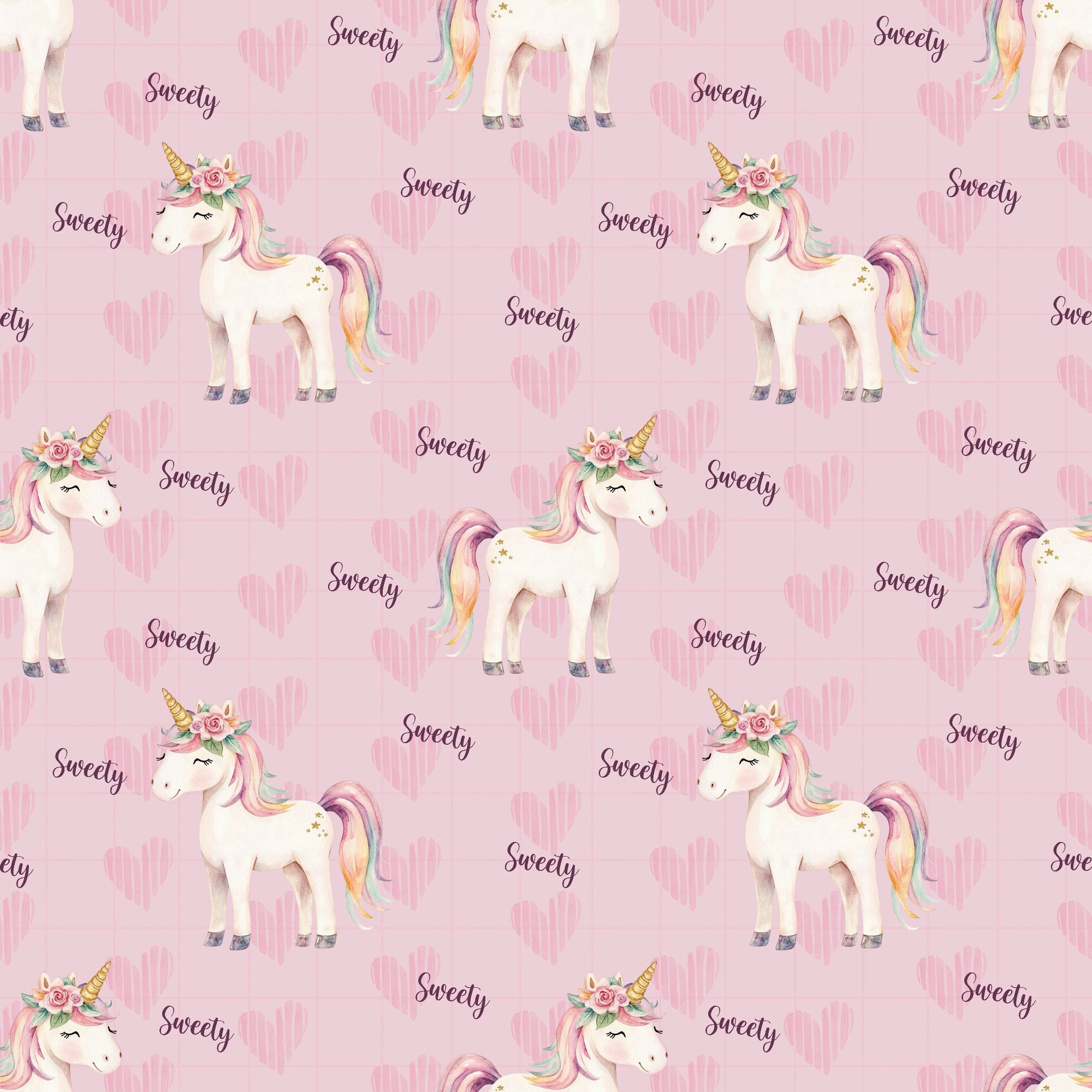 Stoffkachel des Designs Sweety: weißes Einhorn mit Blumenkranz und Regenbogenmähne auf rosa Hintergrund mit Herzchen und dem Schriftzug ‘Sweety’.
