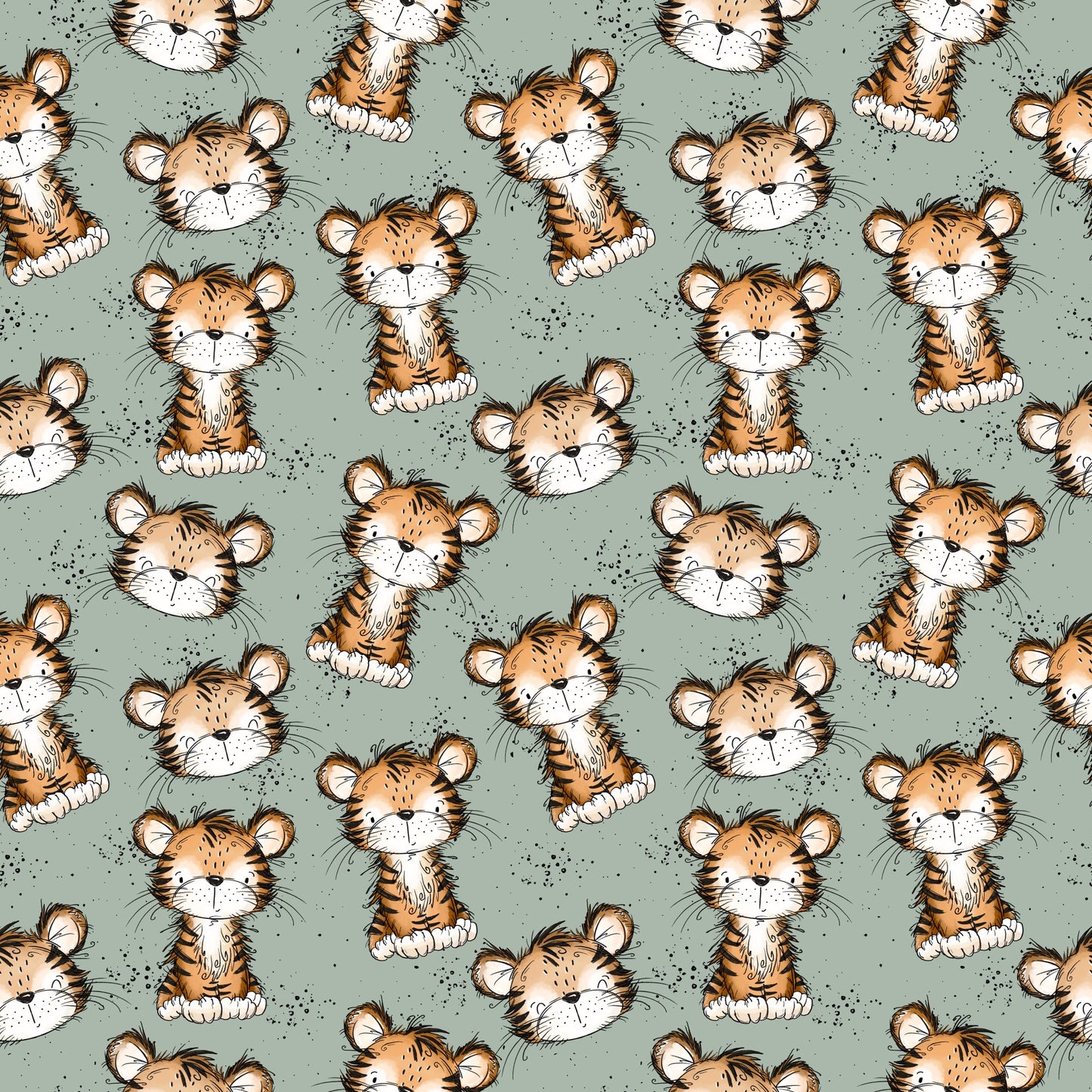 Detailansicht der Stoffmeterware mit verspieltem Tiger-Allover. Auf einem ruhigen salbeigrünen Grund sind handgezeichnete Tigerköpfe und kleine sitzende Tiger gleichmäßig angeordnet. Feine dunkle Sprenkel lockern das Design auf und verleihen ihm eine moderne, handillustrative Optik. Das Muster wirkt freundlich, kindgerecht und harmonisch und eignet sich ideal für Kinderkleidung und Accessoires. Design von Katzengold-Designs.