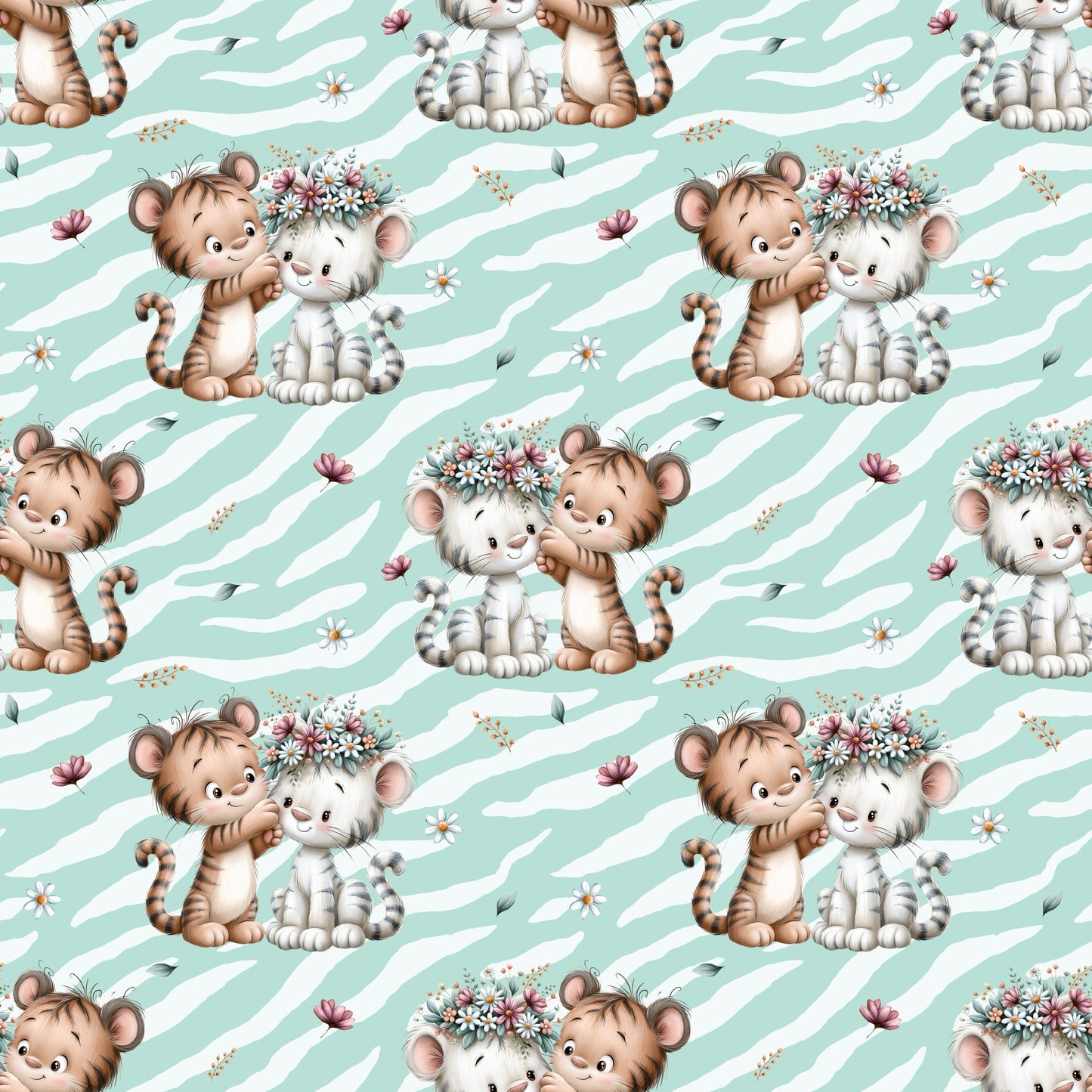 Nahtloses Stoffdesign „Tigerfreunde“ mit einem braunen und einem weißen Tiger, Blumen und Blättern auf mintfarbenem Zebrastreifen-Hintergrund.