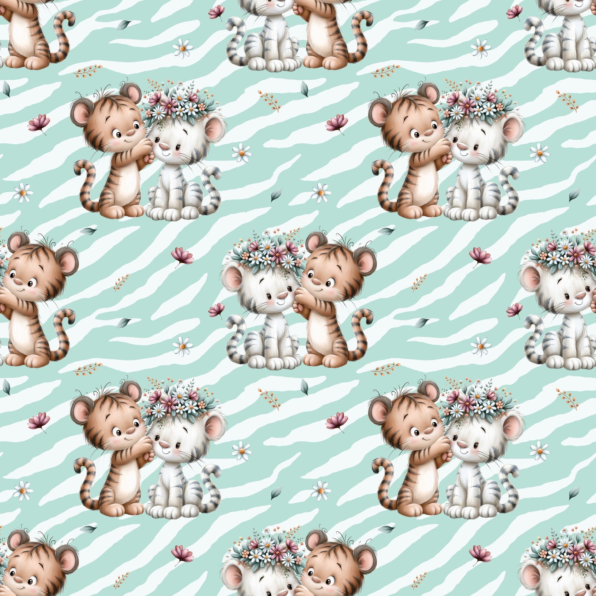Nahtloses Stoffdesign „Tigerfreunde“ mit einem braunen und einem weißen Tiger, Blumen und Blättern auf mintfarbenem Zebrastreifen-Hintergrund.