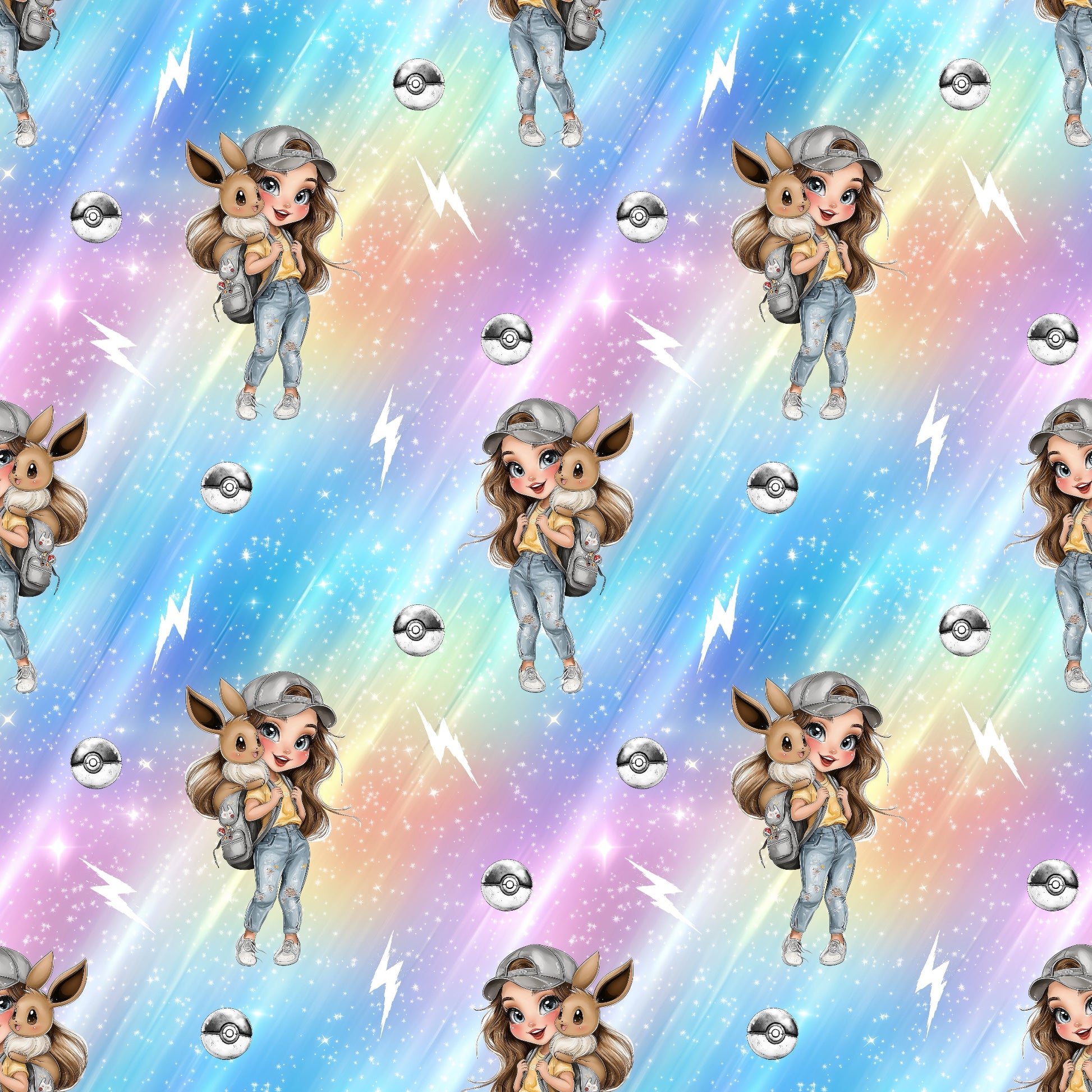 Nahtloses Stoffdesign „Trainerträum“ mit glitzernden Blitzen, niedlichem Elektrotier und Anime-Charakter.