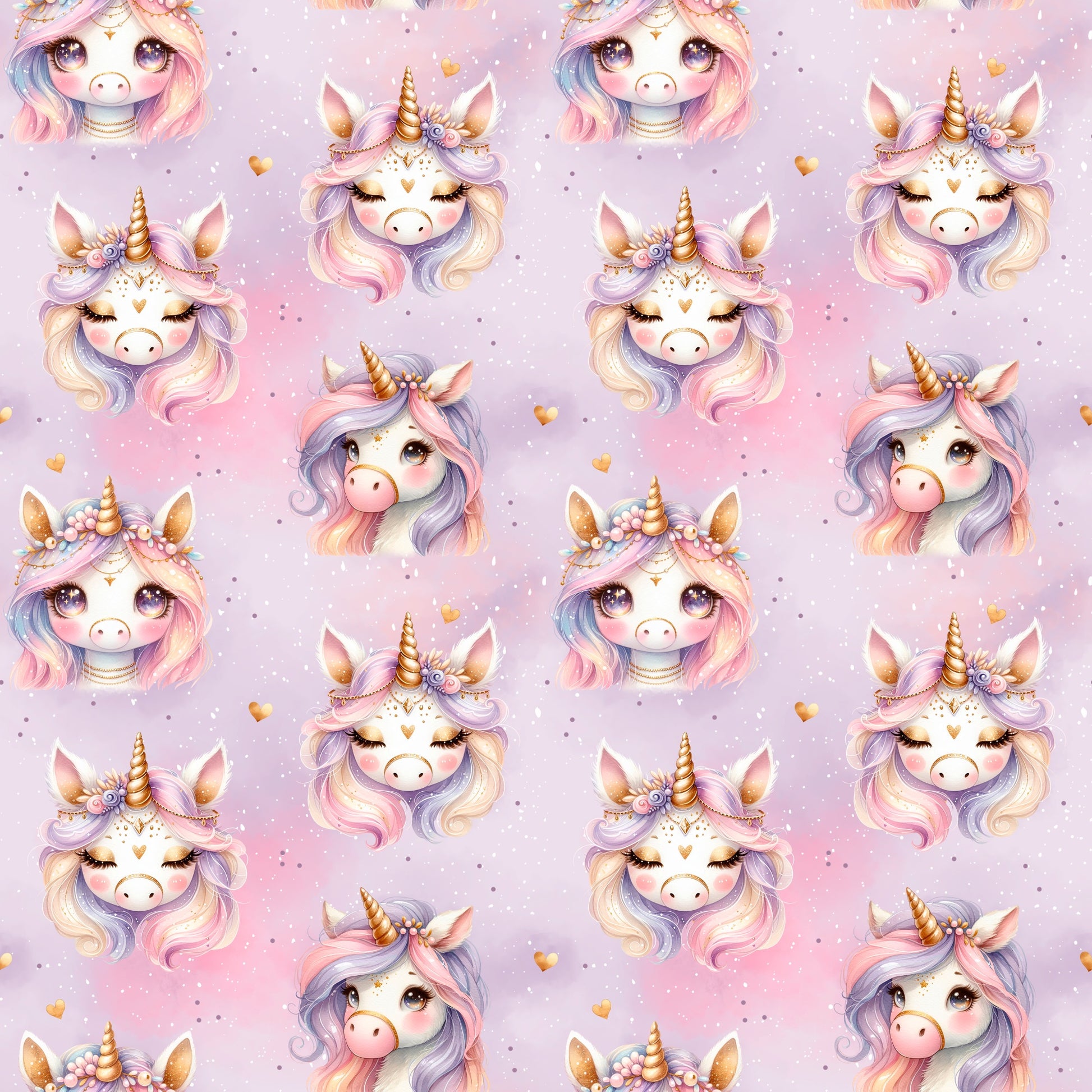Nahtloses Unicorn Day Design mit pastelligen Einhornköpfen, Goldhorn und kleinen Herzchen auf rosafarbenem Hintergrund