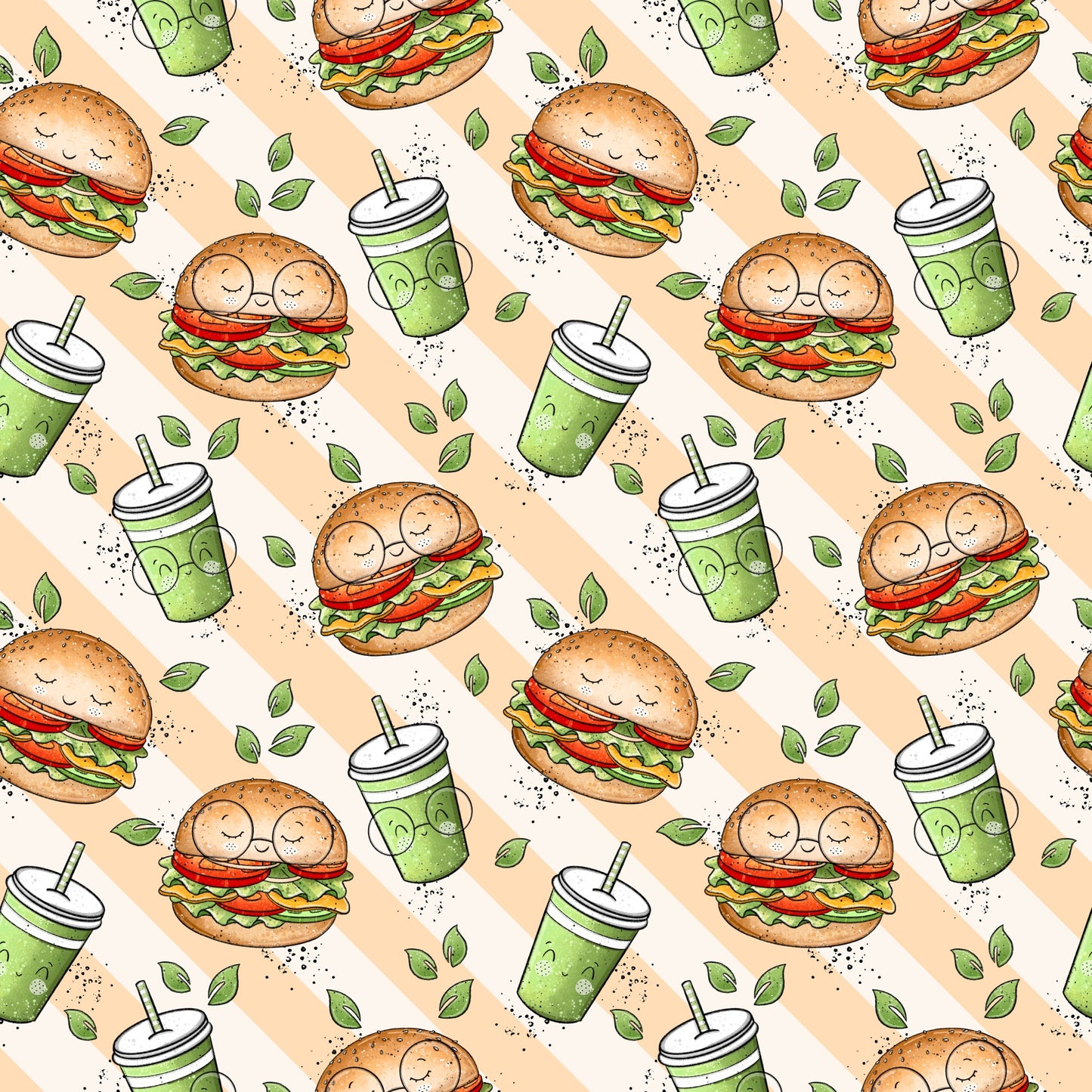 Veggie Burger Design mit freundlichen Burger-Illustrationen, grünen Getränken und Naturdetails.