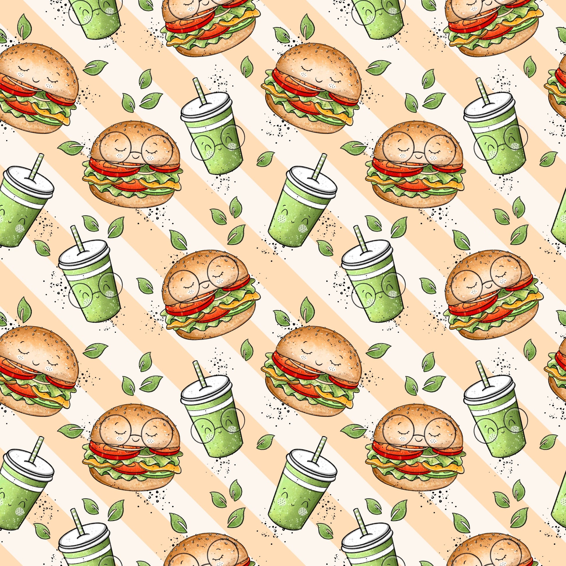 Veggie Burger Design mit freundlichen Burger-Illustrationen, grünen Getränken und Naturdetails.