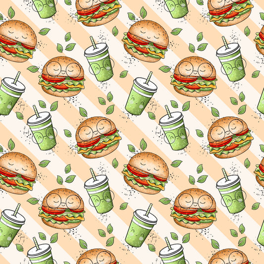 Veggie Burger Design mit freundlichen Burger-Illustrationen, grünen Getränken und Naturdetails.