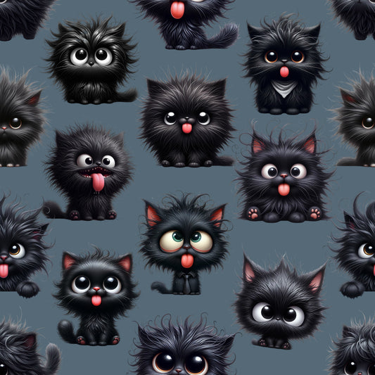 Nahtloses Katzen Design mit flauschigen schwarzen Kätzchen und großen Augen auf petrolblauem Hintergrund