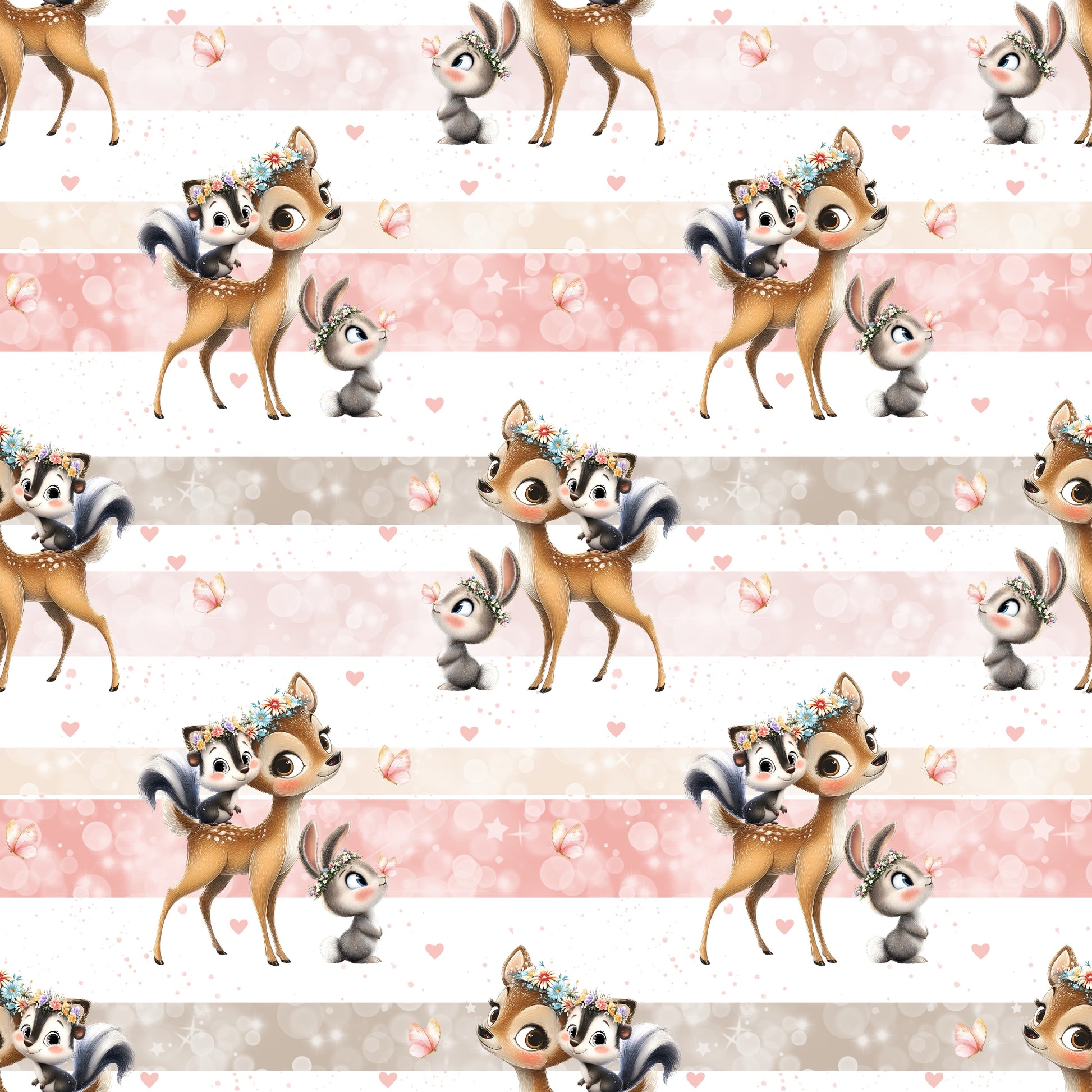 Nahtloses Stoffmuster mit dem Design „Waldfreunde“-Stoff mit Reh, Waschbär und Eichhörnchen.