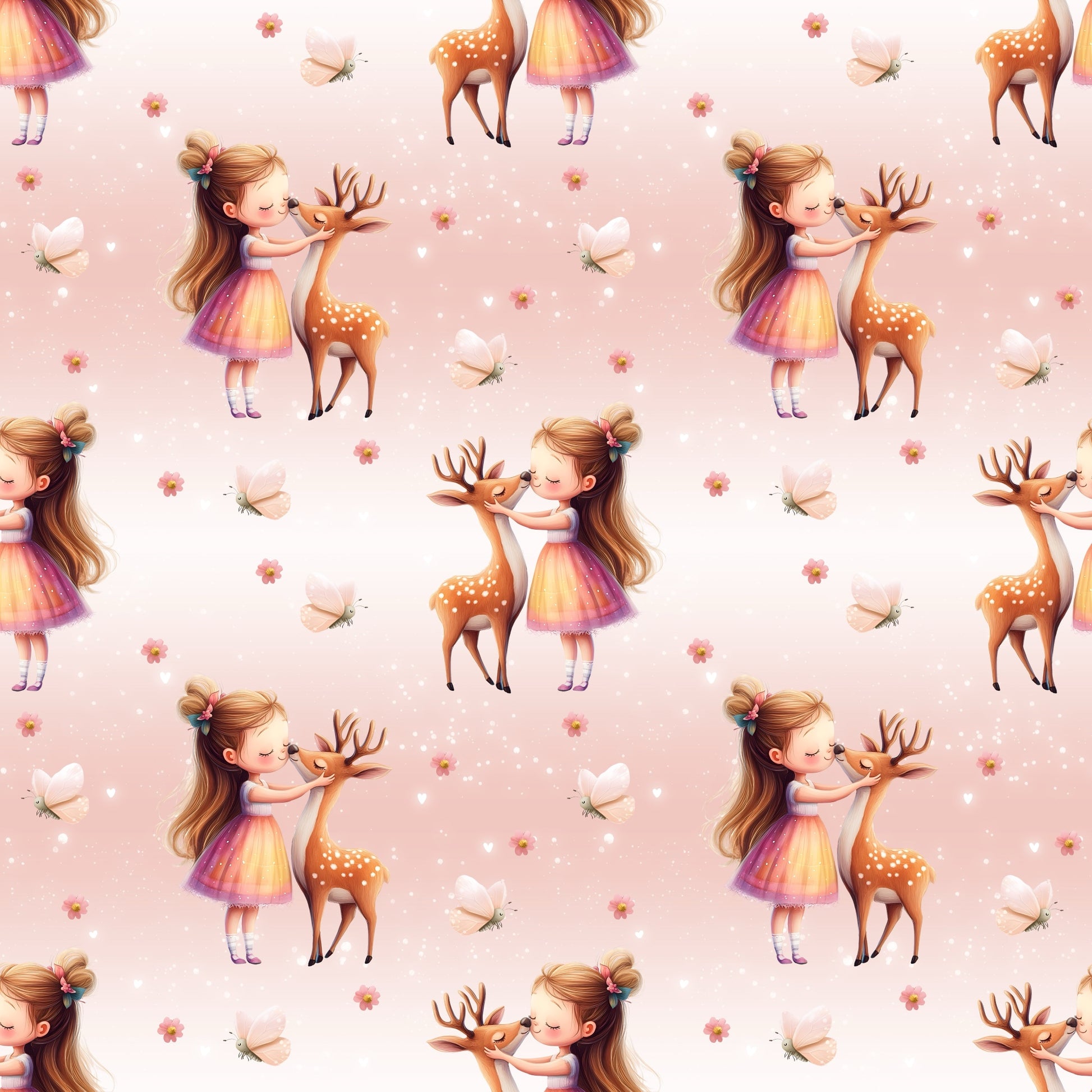 Nahtlose Waldmädchen Stoffkachel mit zarten Mädchen-und-Rehlein Illustrationen, kleinen Blüten und weichen Pastellverläufen