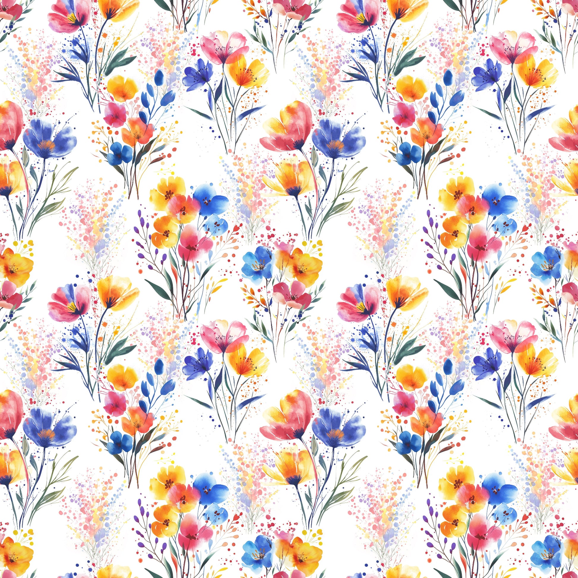 Nahtloses Muster „Watercolor Flowers“ auf Ripp-Jersey – bunte Aquarellblüten auf strahlend weißem Hintergrund