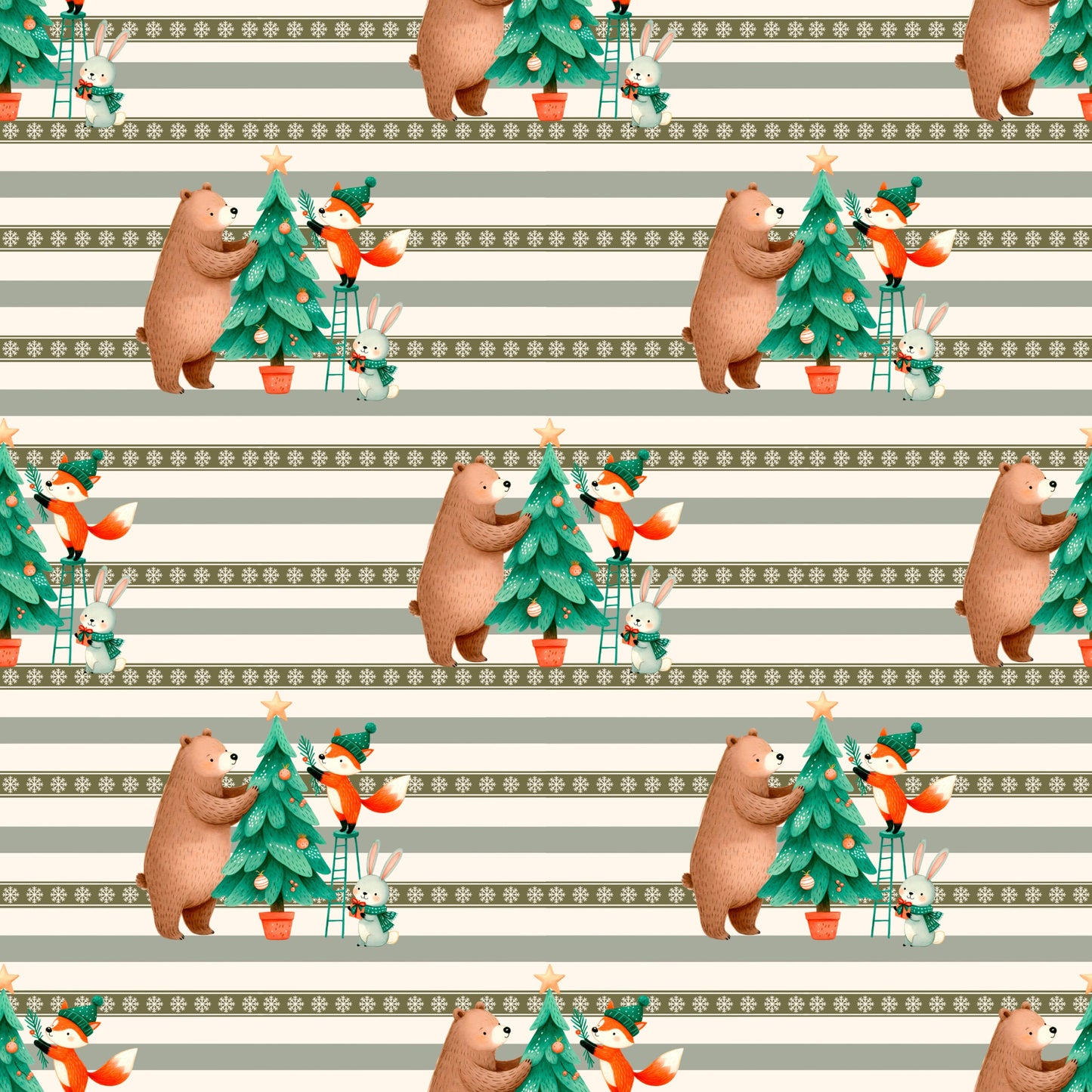 Festlicher Stoff „Weihnachten“ – tierische Freunde dekorieren einen Weihnachtsbaum, umgeben von grünen und cremefarbenen Streifen.