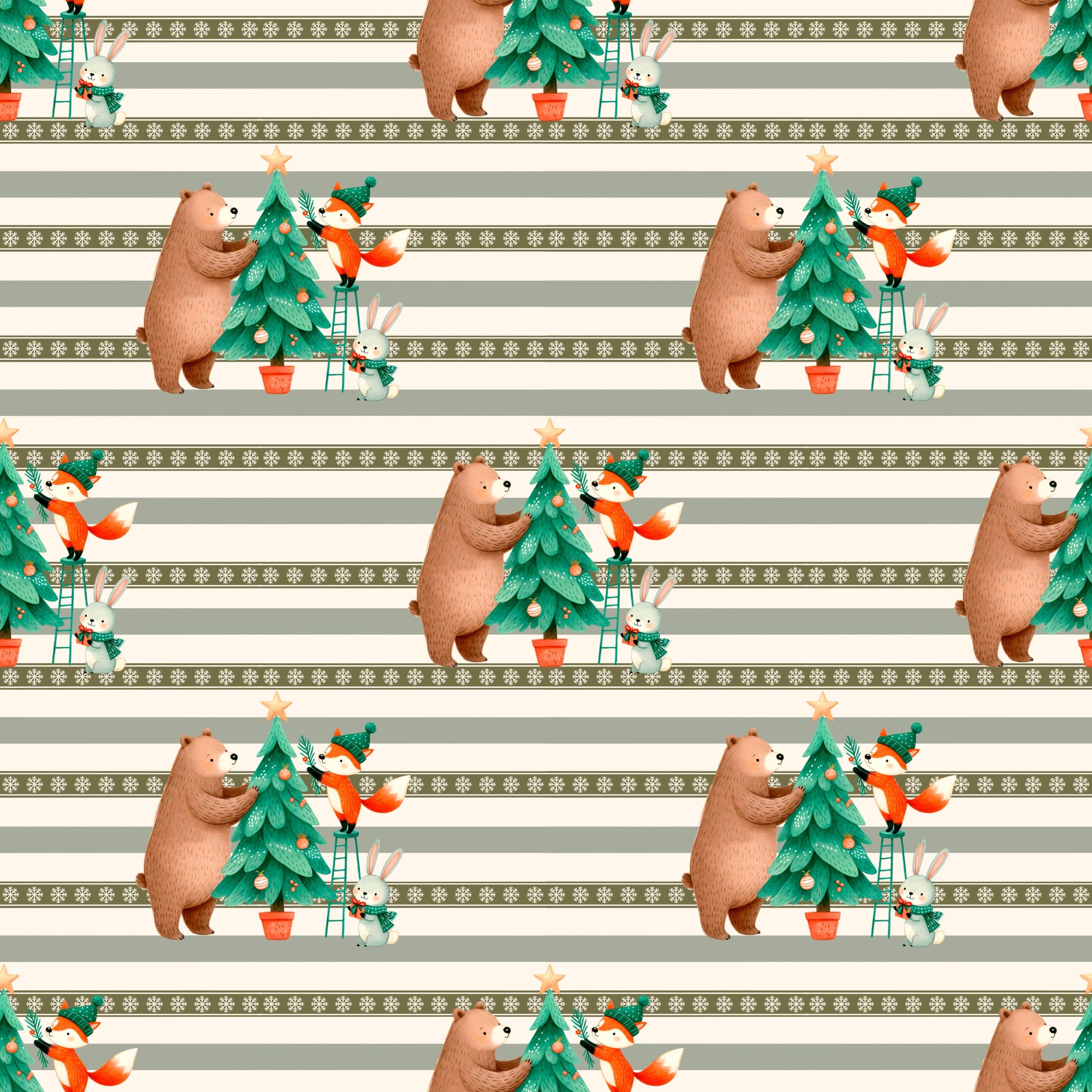 Festlicher Stoff „Weihnachten“ – tierische Freunde dekorieren einen Weihnachtsbaum, umgeben von grünen und cremefarbenen Streifen.