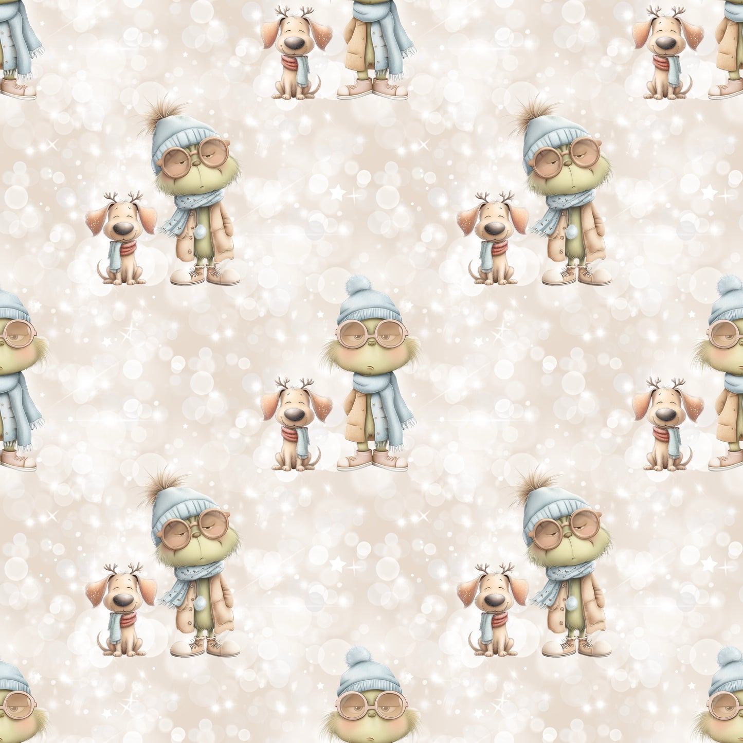 Bedruckter Baumwollstoff „Weihnachtsmuffel“ in Beige mit Figur und Hund – ideal für Kinderkleidung im Winter