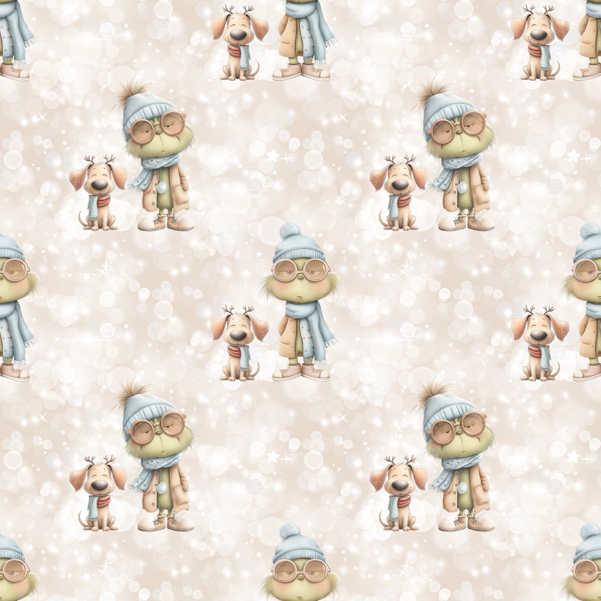 Bedruckter Baumwollstoff „Weihnachtsmuffel“ in Beige mit Figur und Hund – ideal für Kinderkleidung im Winter