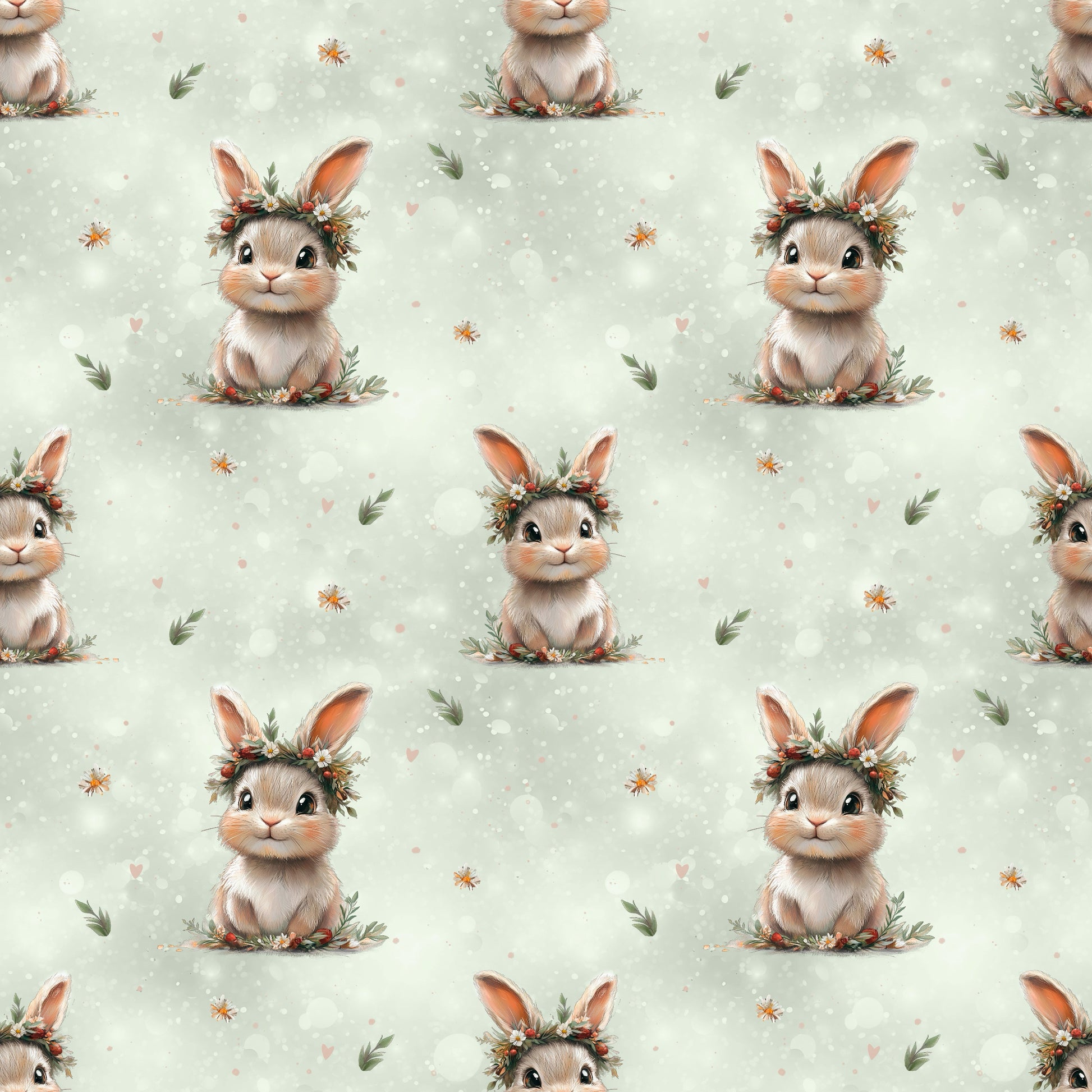 Hochwertiger Kinderstoff mit verspieltem Hasen-Design auf sanftem Grün für süße Nähprojekte.