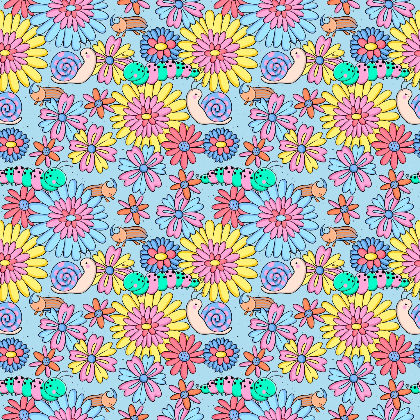 Wiesenkrabbler Muster mit Blumen, Raupen, Schnecken und kleinen Käfern von Katzengold-Designs auf hellblauem Hintergrund.