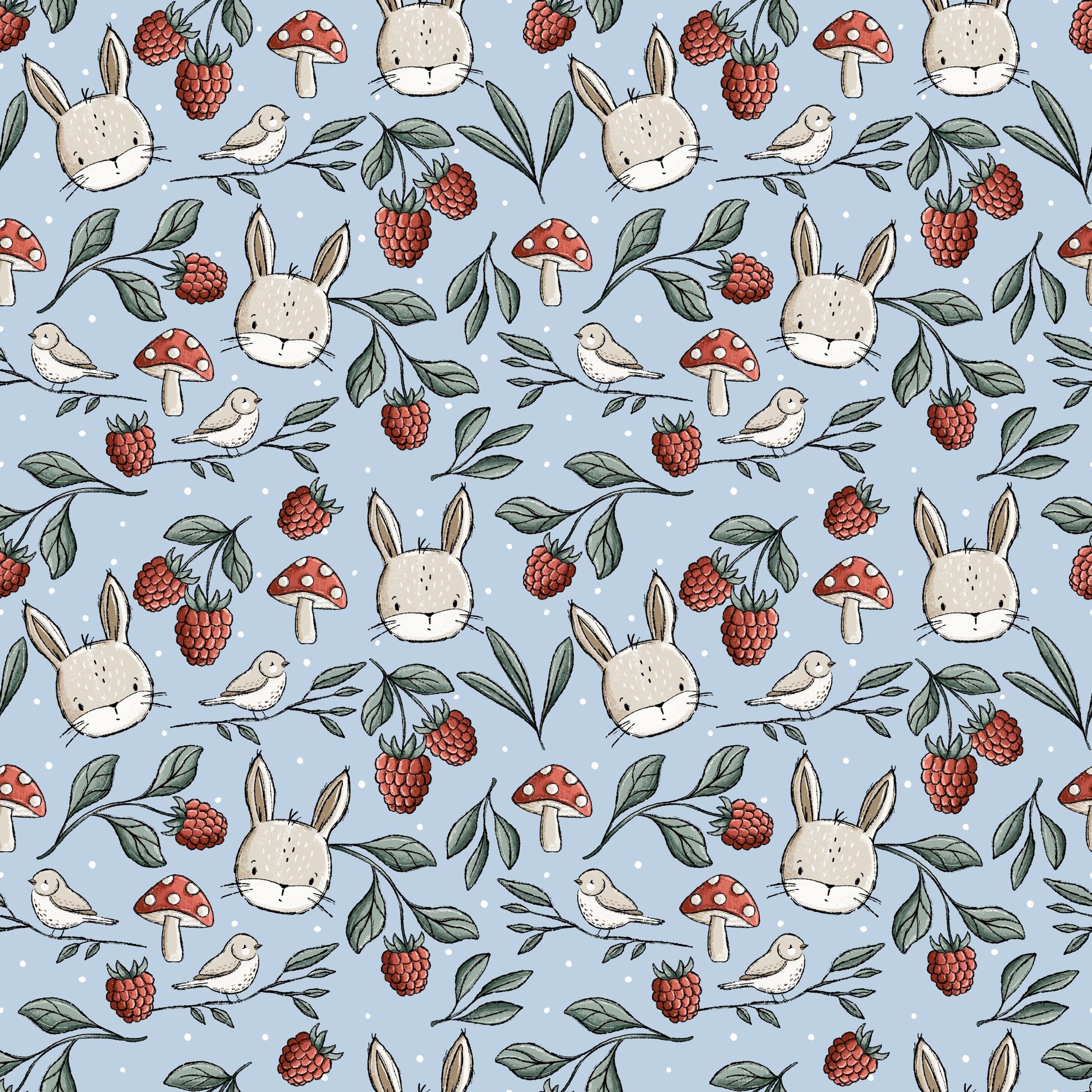 Nahtlose Wiesentag Stoffkachel von Katzengold-Designs mit Hasenköpfen, Himbeeren, Blättern, Pilzen und kleinen Vögeln auf blaugrünem Grund