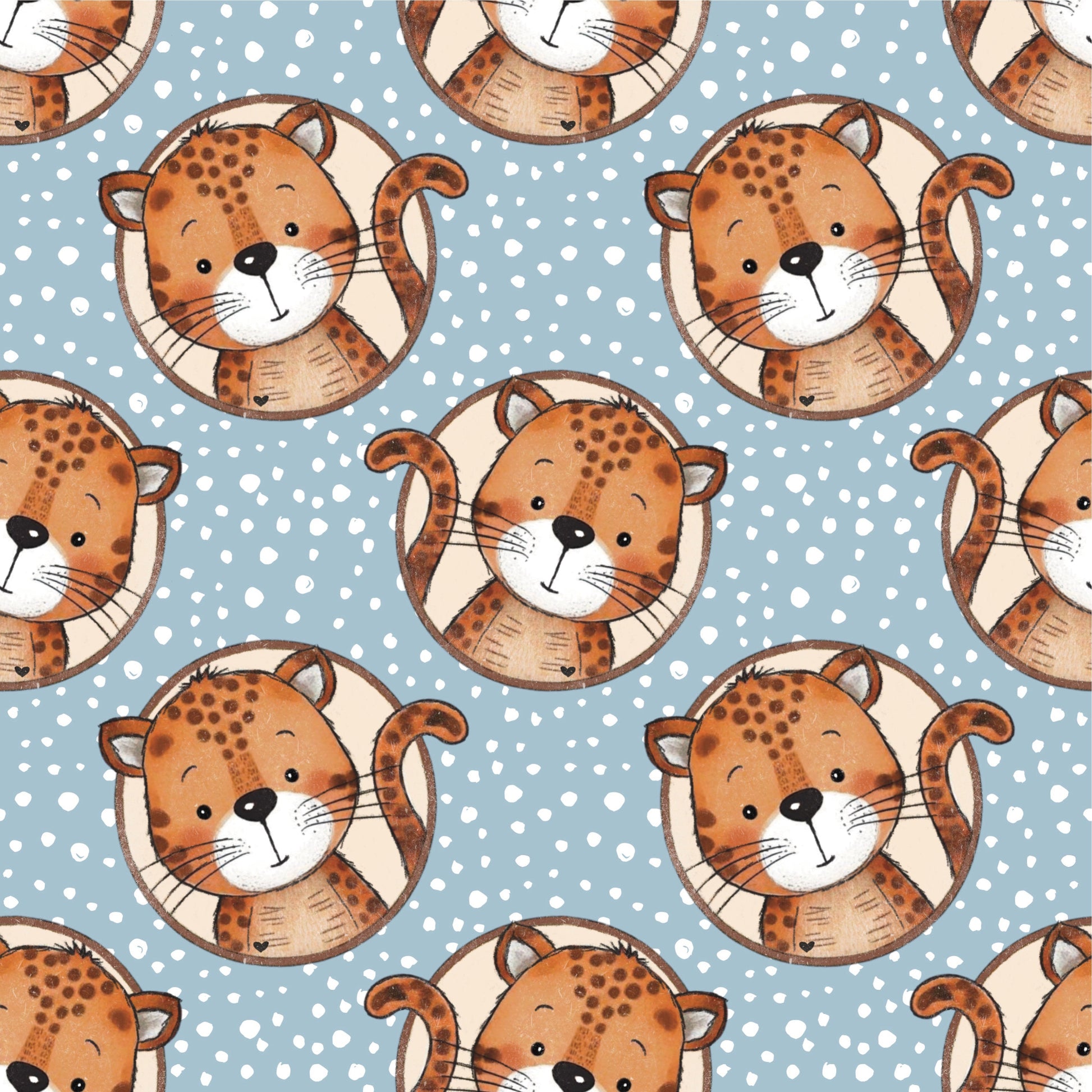 Leopardenstoff „Wild One“ mit ruhigem Leopardenmotiv und feinen Punkten auf blauem Hintergrund, Kinderstoff Design von Binschens Designs