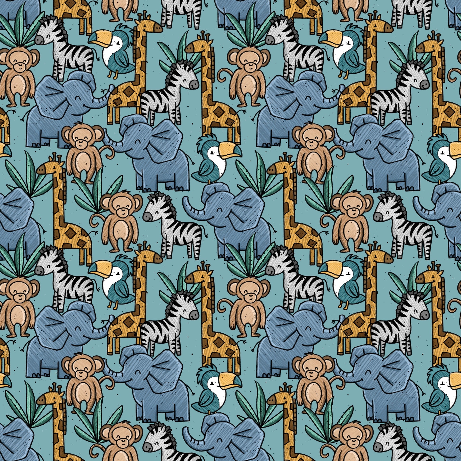 Wildtopia Safari Muster von Katzengold-Designs mit Elefant, Zebra, Giraffe, Affe und Tukan auf blau-türkisem Hintergrund.