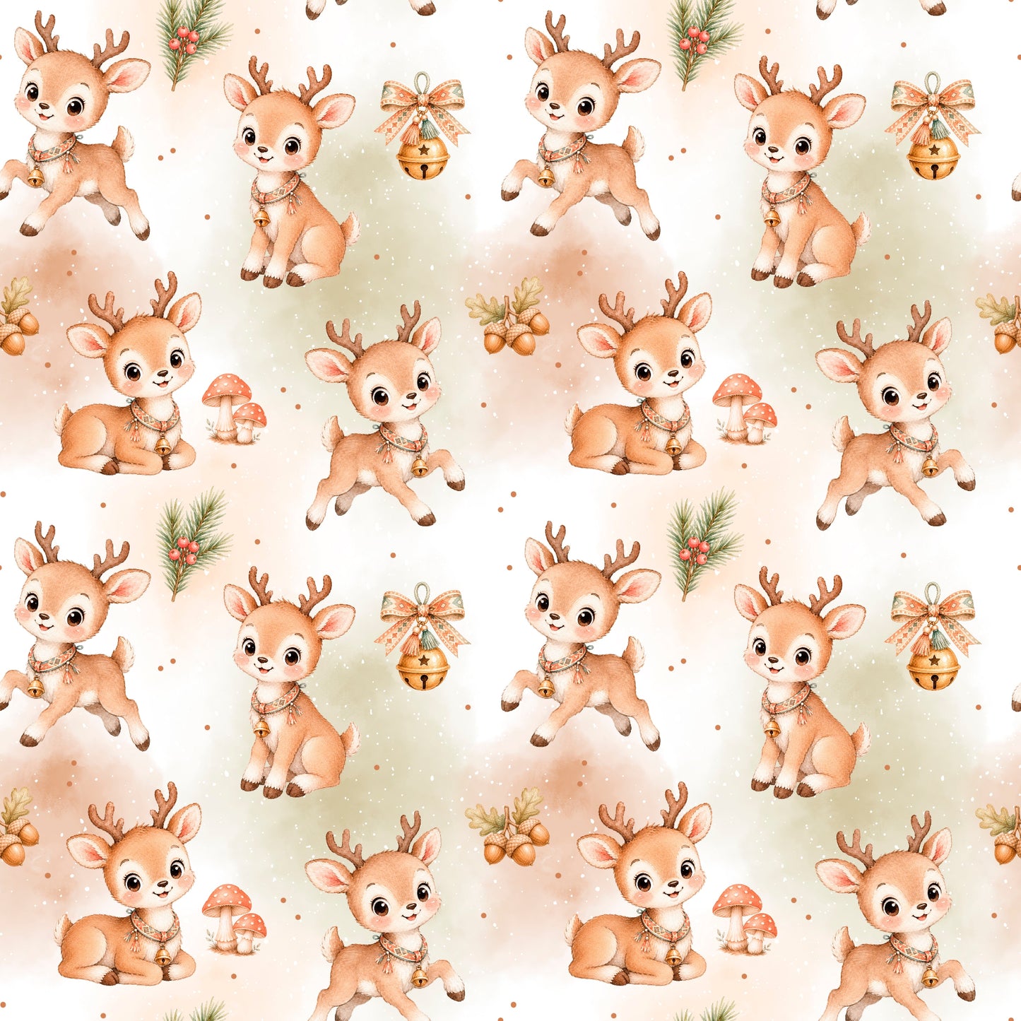 Nahtloses Stoffdesign „Winterliche Rehfreunde“ mit niedlichen Rehen, Tannenzweigen, Eicheln, Fliegenpilzen und festlichen Glocken auf hellem Aquarellhintergrund.