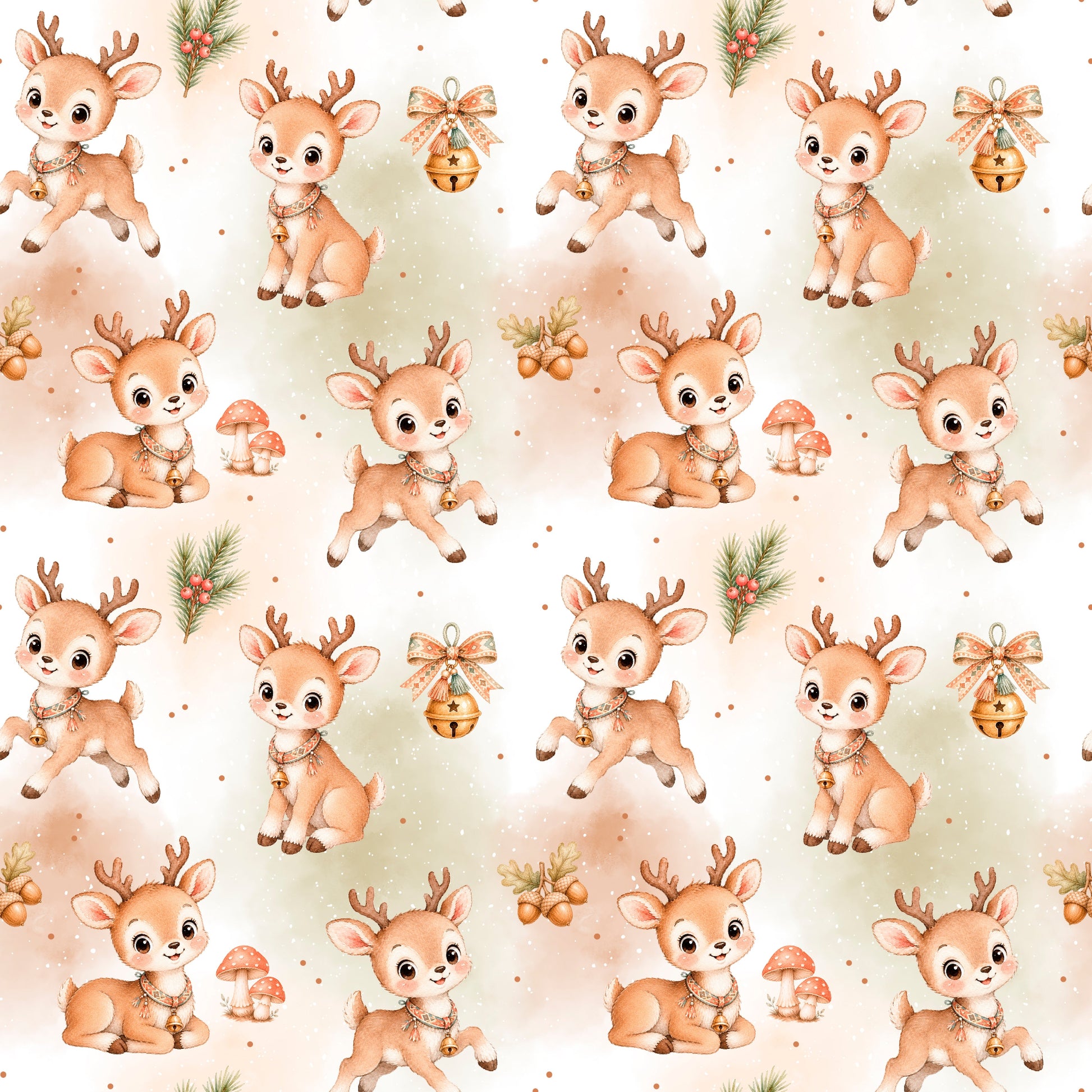 Nahtloses Stoffdesign „Winterliche Rehfreunde“ mit niedlichen Rehen, Tannenzweigen, Eicheln, Fliegenpilzen und festlichen Glocken auf hellem Aquarellhintergrund.