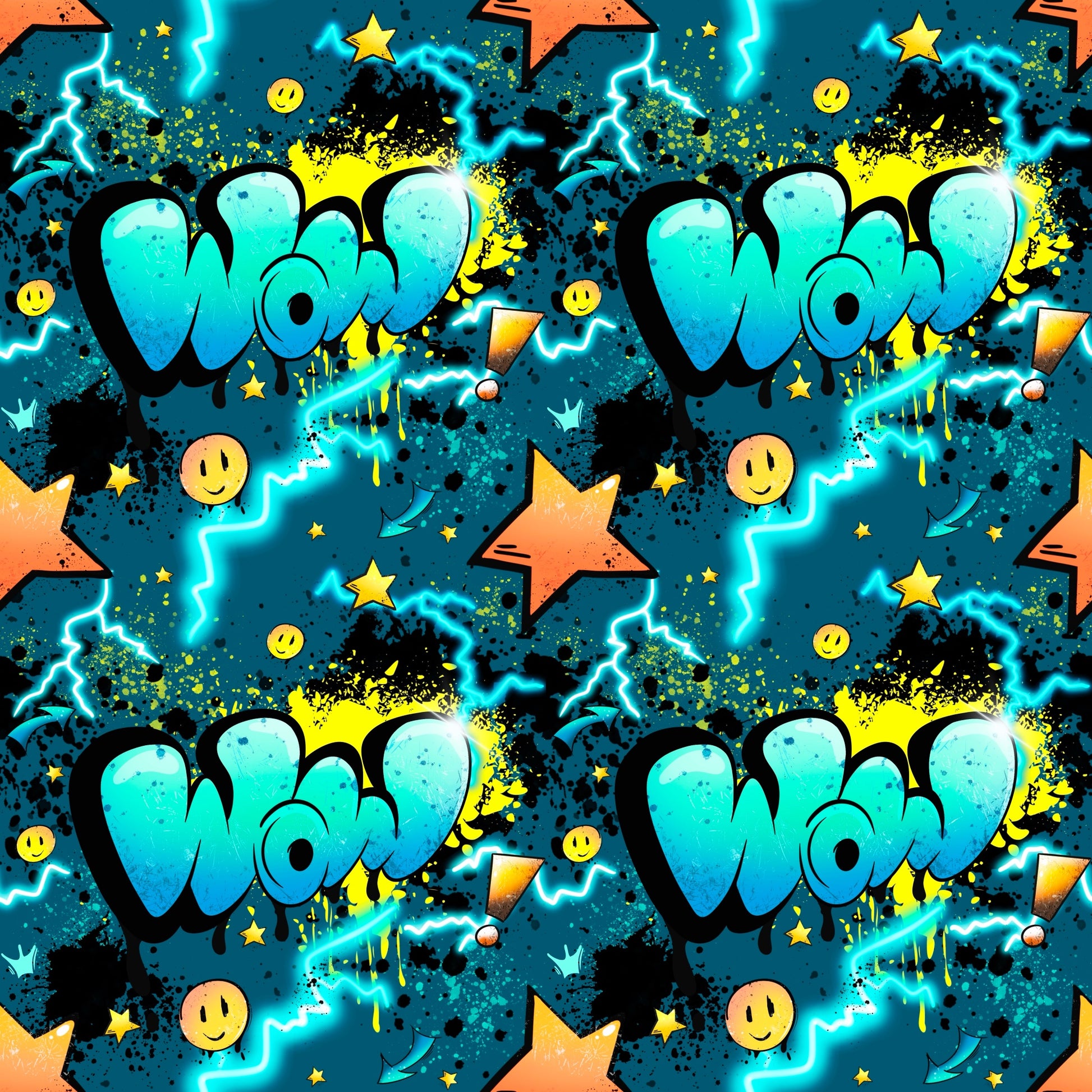 Stoff-Mockup „WOW – Graffiti Power“: Neon-Graffiti mit Blitzen, Smileys, Sternen und WOW-Schriftzug auf dunklem Hintergrund, drapiert über dunklem Kombistoff.