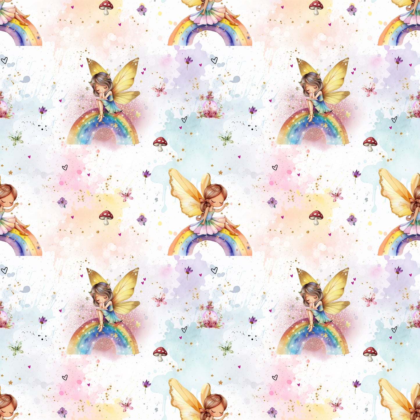 Naheaufnahme eines Stoffdesigns mit zarten Feen, Regenbögen, Pilzen und Pastellakzenten auf hellem Hintergrund