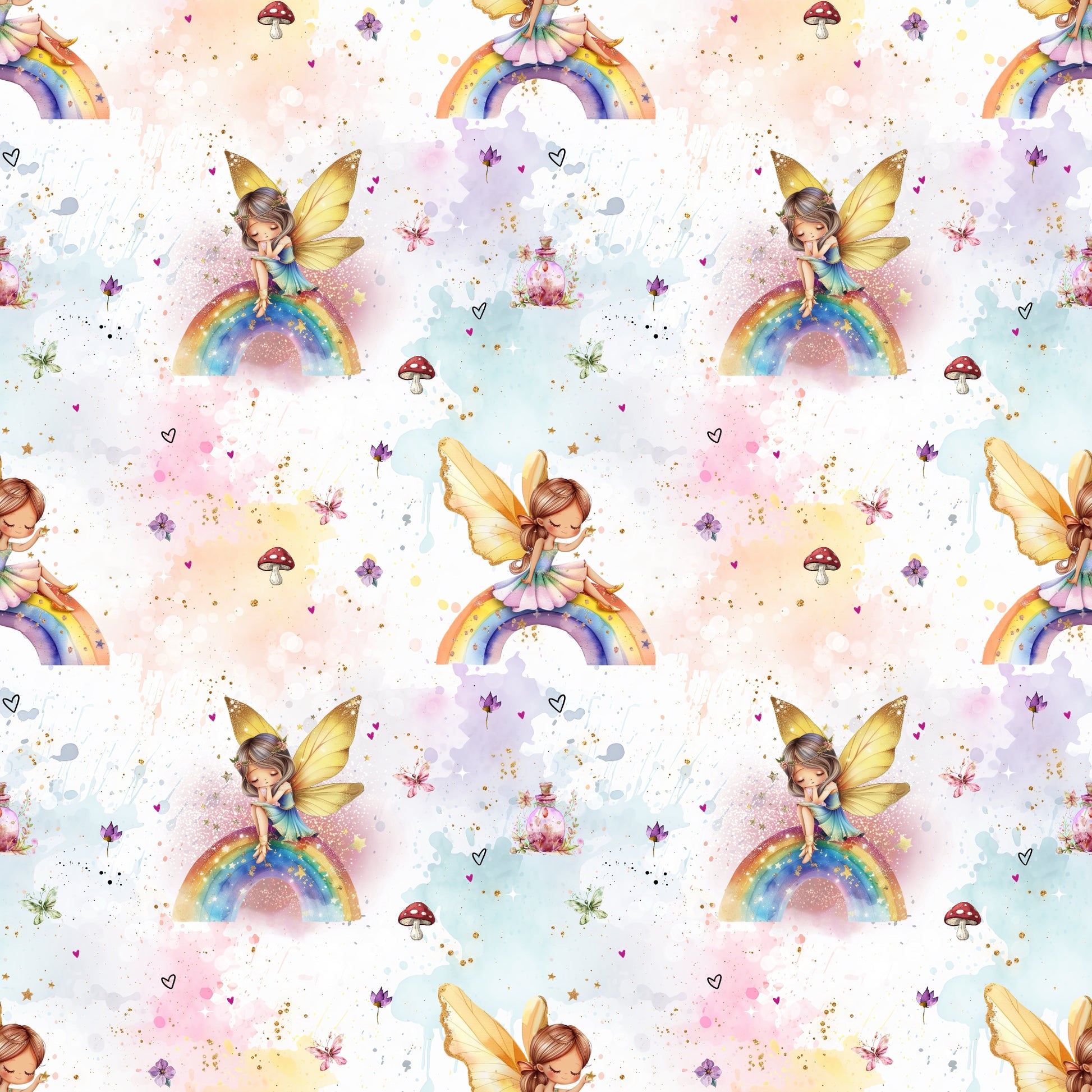 Naheaufnahme eines Stoffdesigns mit zarten Feen, Regenbögen, Pilzen und Pastellakzenten auf hellem Hintergrund