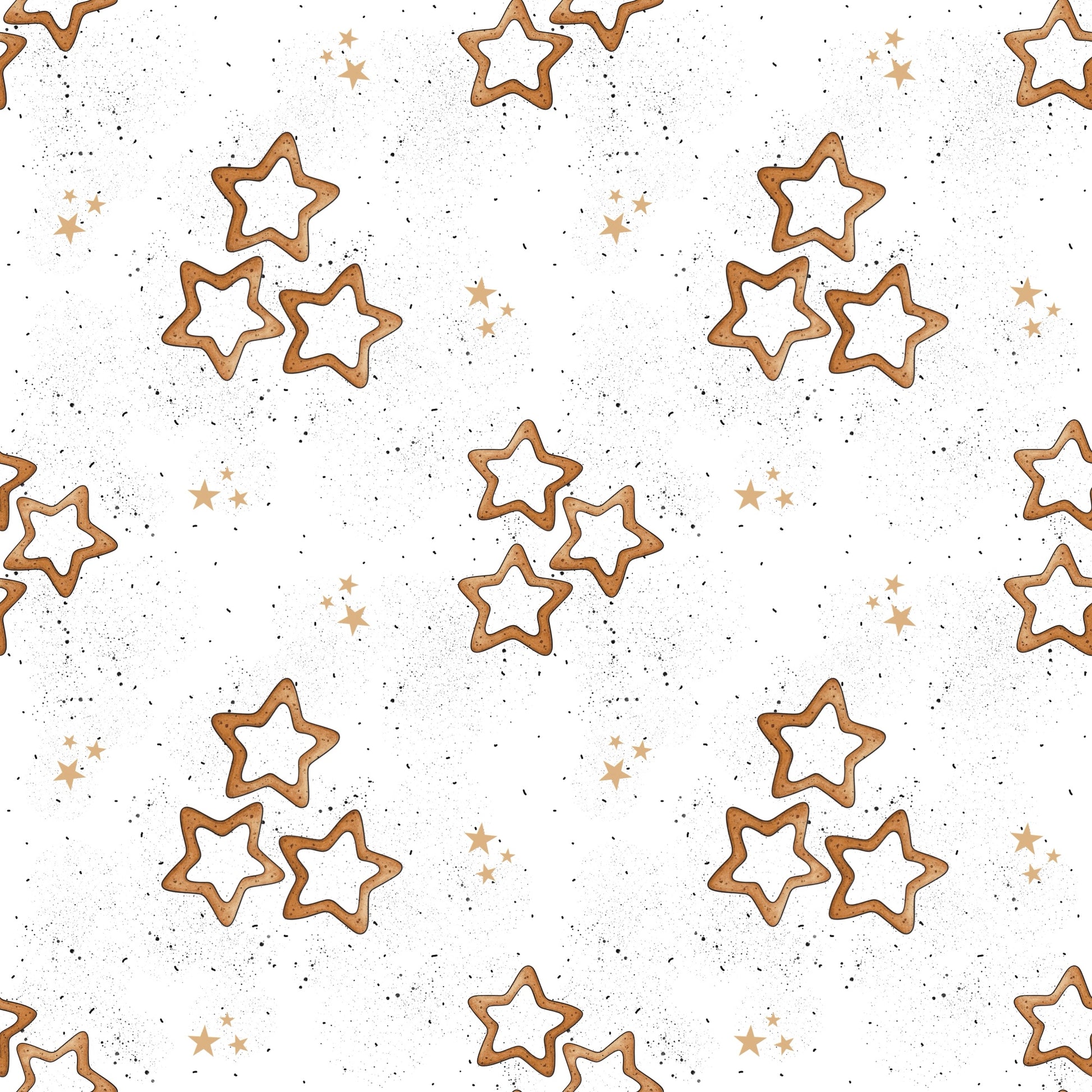 Nahtlos wiederholendes Muster „Zimtsterne“ – weihnachtliche Plätzchen in Sternform mit Glasur und goldenen Akzenten