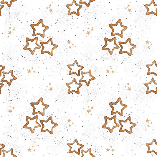 Nahtlos wiederholendes Muster „Zimtsterne“ – weihnachtliche Plätzchen in Sternform mit Glasur und goldenen Akzenten