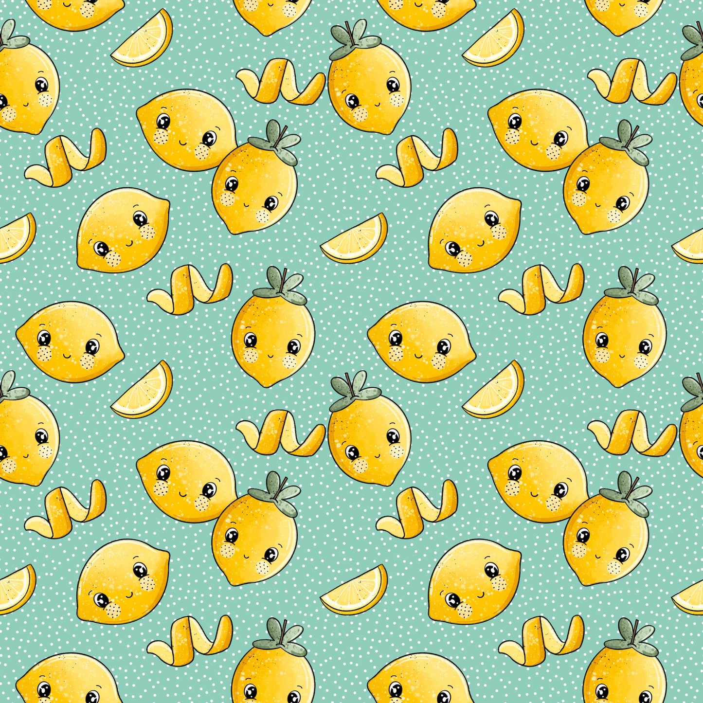 Nahtloses Zitönchen Mint Muster mit lachenden Zitronen, Zitronenscheiben und weißen Punkten auf mintfarbenem Hintergrund